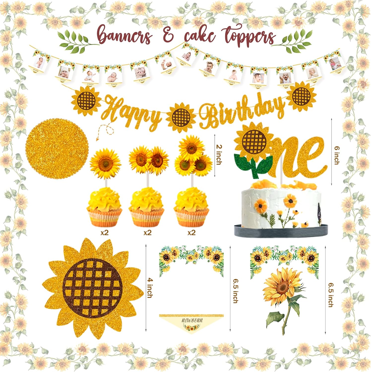 Sunflower First Party Decorations, 132 PCs Sunflower 1st Birthday Decorations Backdrop Balloon Garland Monthly Photo Highchair Banner Cake Cupcake Topper Box Cutout Crown Poster Headband