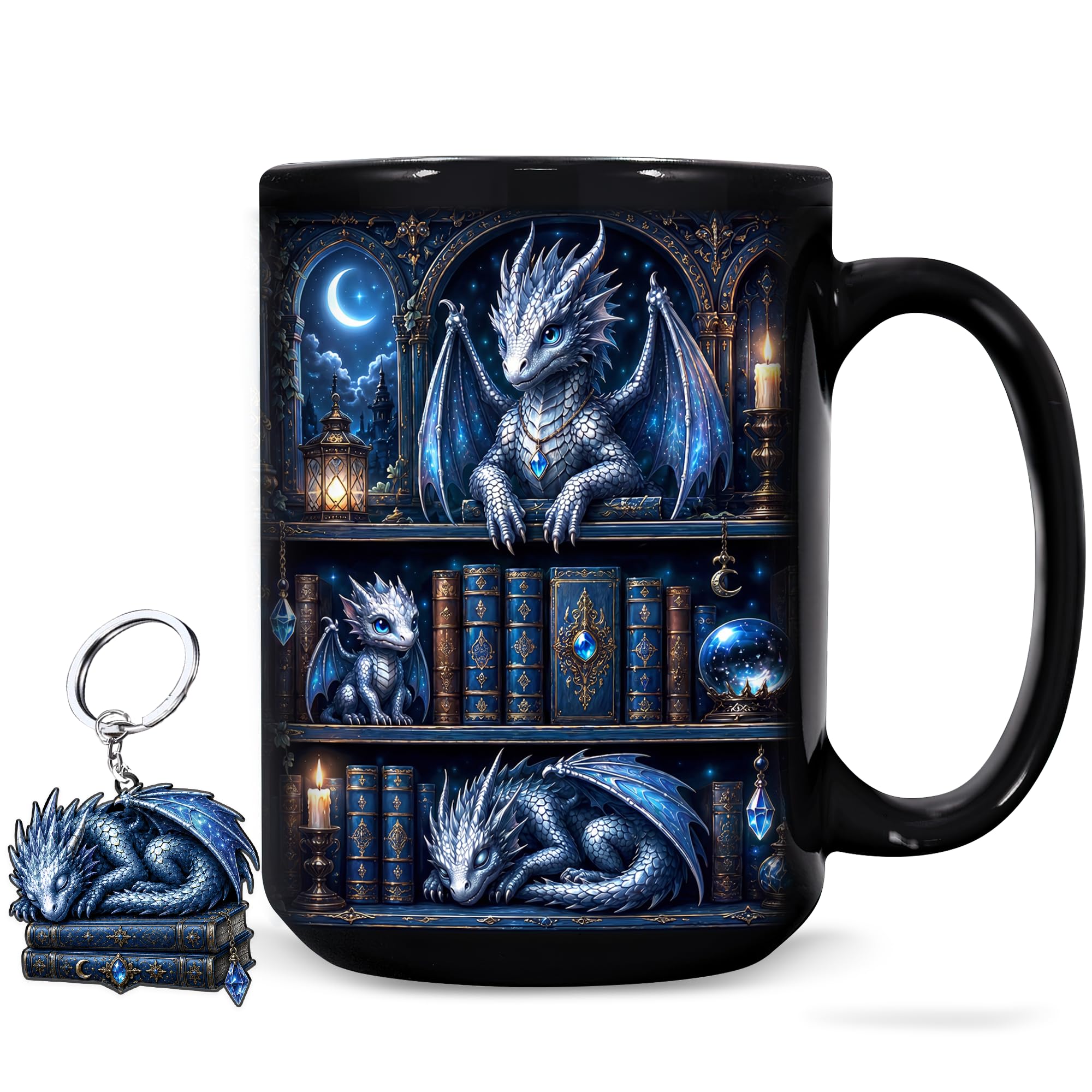 Hyturtle Dragon Bookshelf Coffee Mug 15 Oz, Book Lover Gift For Women | Bookish Ceramic D…