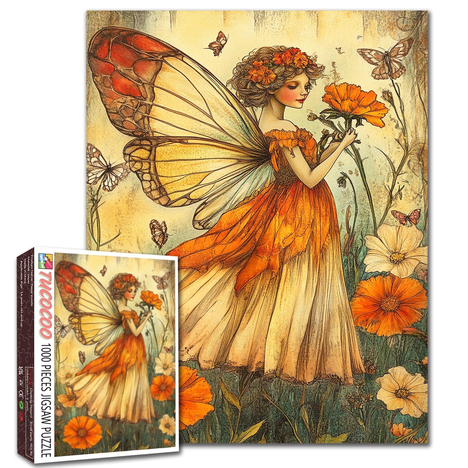 Tucocoo 1000 Pieces Jigsaw Puzzles for Adults Vintage Fairy Jigsaw Puzzle Whimsical Marigolds Flowers Art Puzzles for Challenging Family Activity Game Colorful DIY Crafts Puzzle Wall Decor Gifts