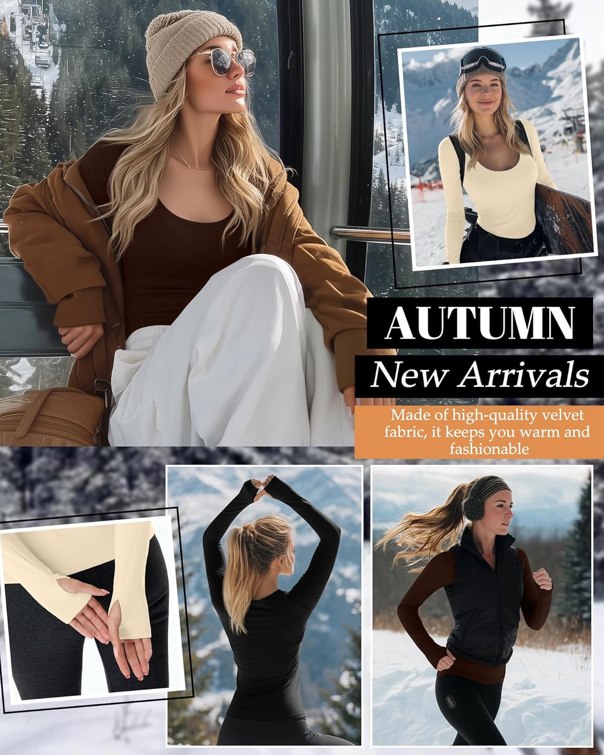 Riyiper 3 Pack Women's Thermal Long Sleeve Shirts, Fleece Scoop Neck Fitted Top Stretchy Thumb Holes Undershirt Baselayer Tee - Image 2