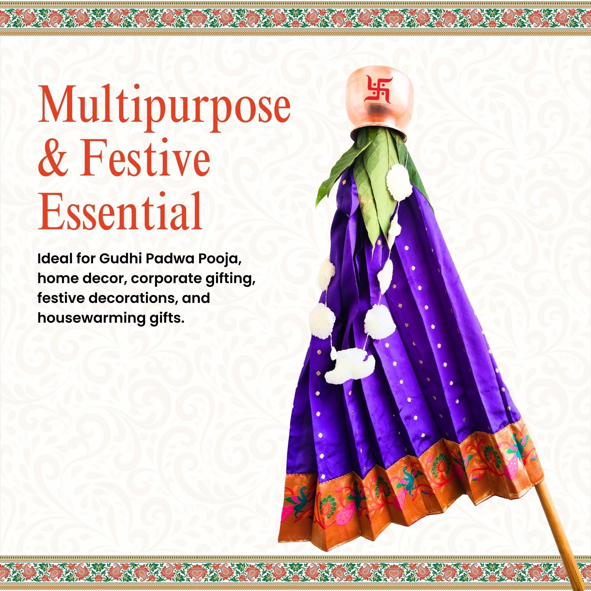 PUNYATVA Gudhi Vastra for Gudhi Padwa Festival (Paithani, Blue) | Traditional Maharashtrian Gudi Cover Saree Cloth for GudiPadva | Readymade Ugadi & GudhiPadawa Decoration Pooja Décor 4