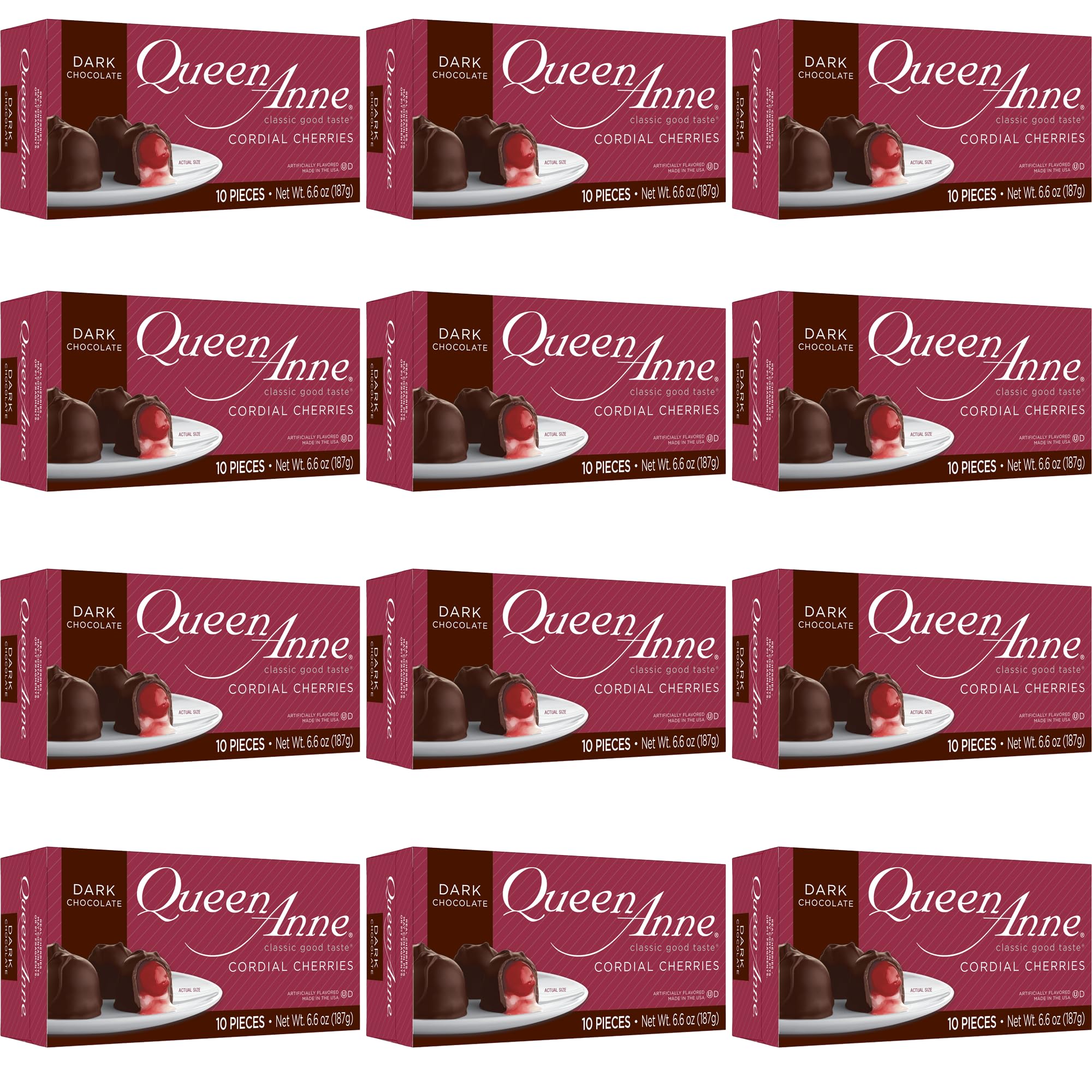 Queen Anne Dark Chocolate Covered Cordial Cherries | 6.6 oz (Pack of 12) | 10 Piece Gift Boxes | Whole Maraschino Cherry Creamy Filled Liquid Center | Holiday Party Chocolate Candy