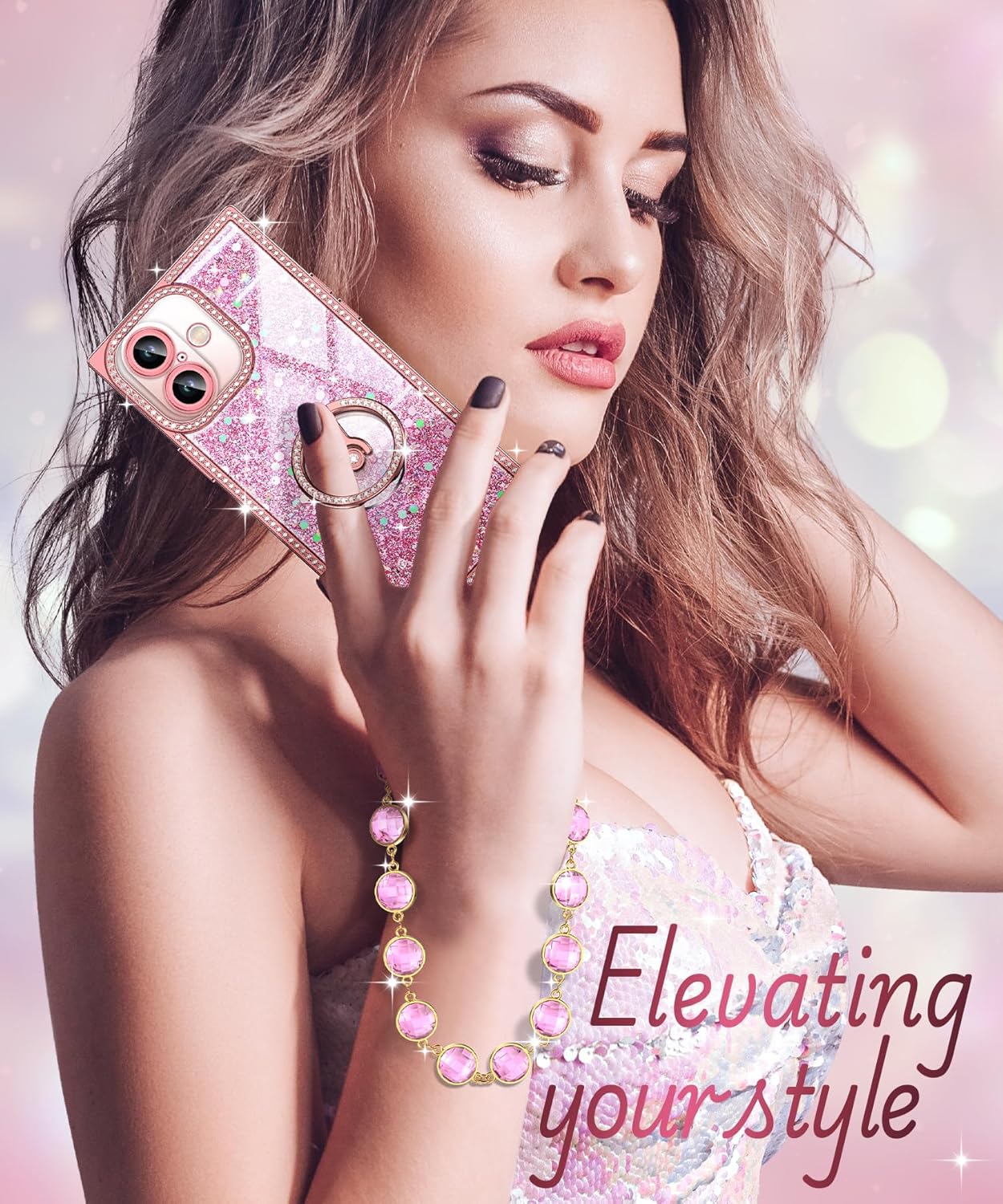 Miss Arts for iPhone 16 Case with Ring Stand, Glitter Sparkle Phone Case for Women Girls, Rhinestone Luxury Protective Cover for iPhone 16 6.1", Pink - Image 4