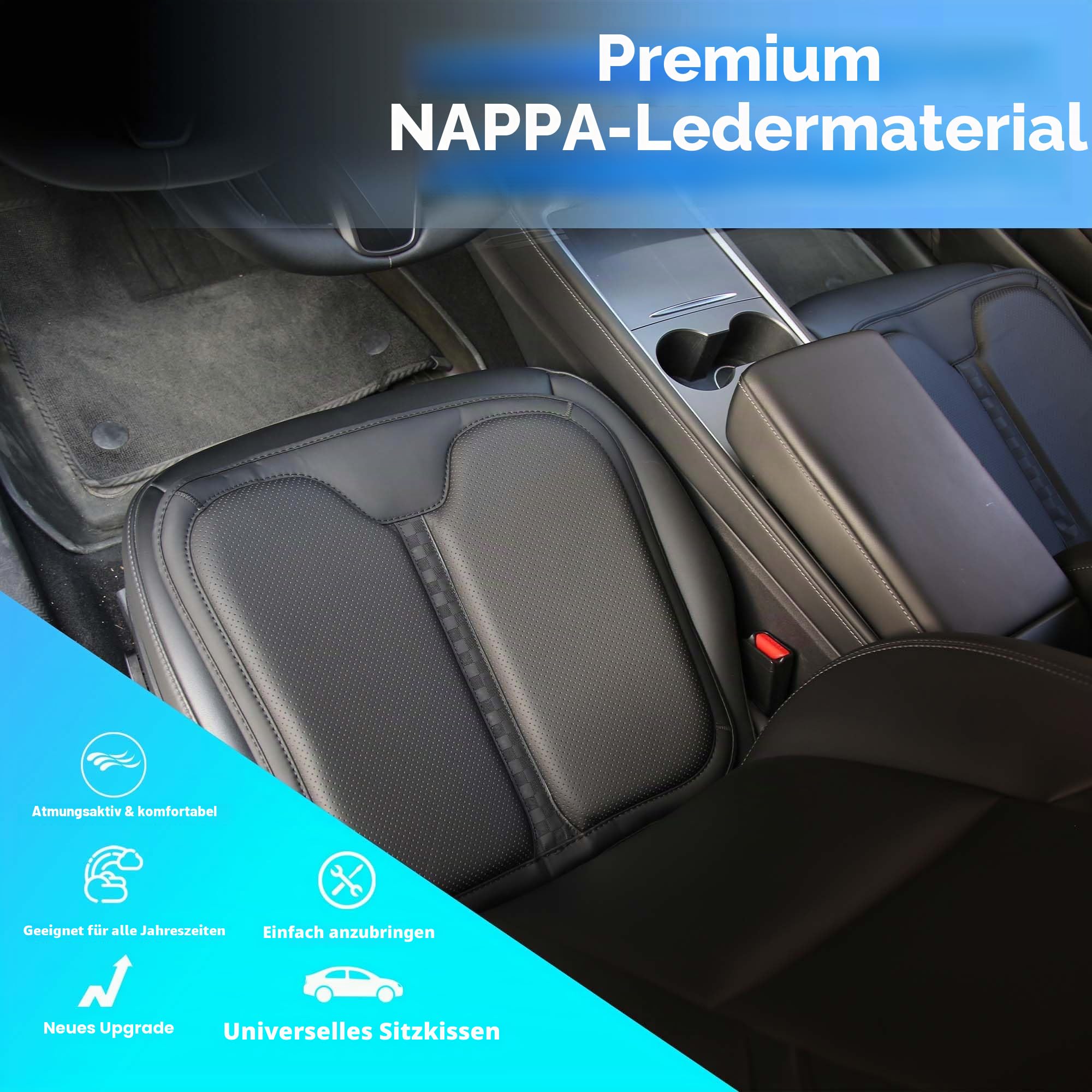 Autositzkissen aus Memory-Nappaleder, multifunktionaler Sitzschutz, ergonomisches Design, hochwertiger Memory-Schaum, bequemes, atmungsaktives Kissen (schwarz, 2 Stück)