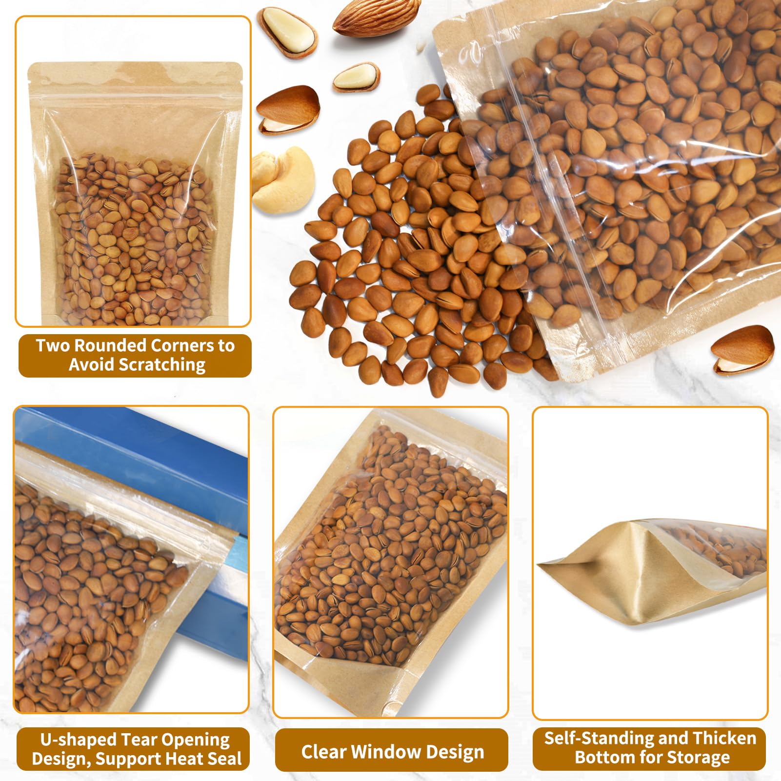 Lot de 100 sacs en papier kraft avec fenêtre - Transparents et refermables - Pour stockage des aliments (kraft, 20 x 29 cm)
