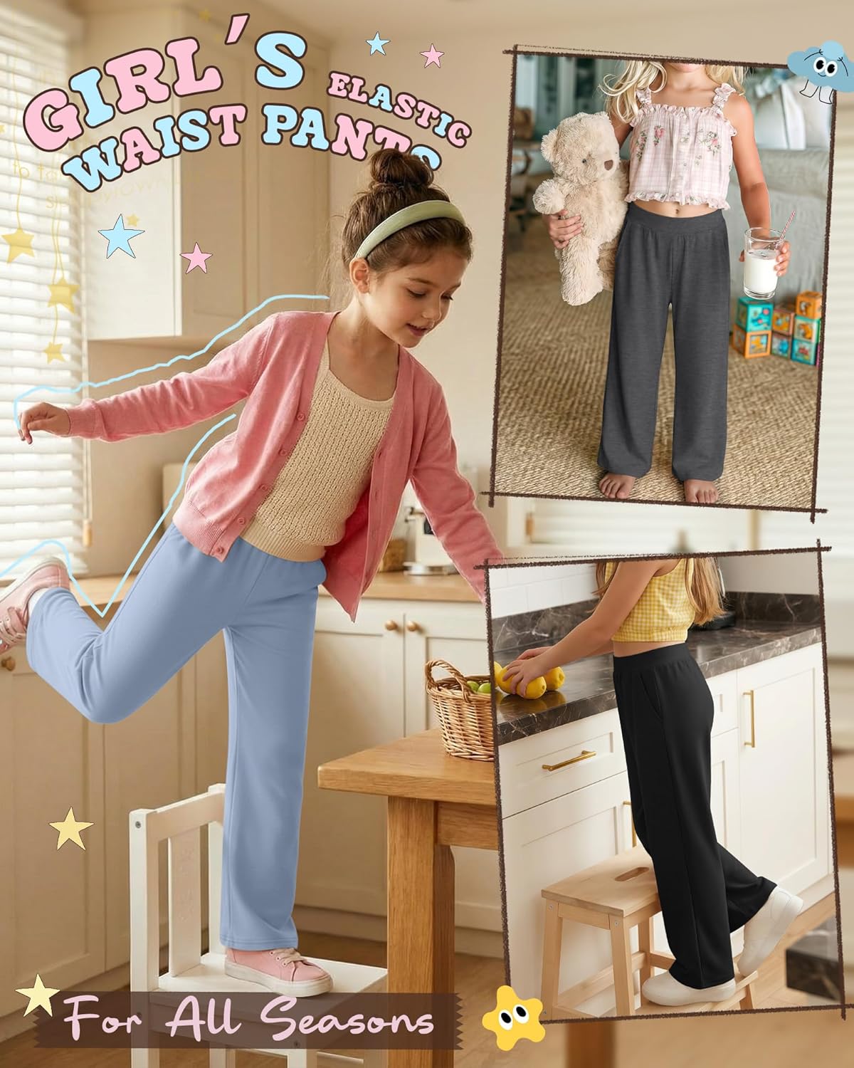3 Pack Girls' Wide Leg Pants Elastic Waist Baggy Comfy Sweatpants Kids Casual Loose Trousers with Pockets