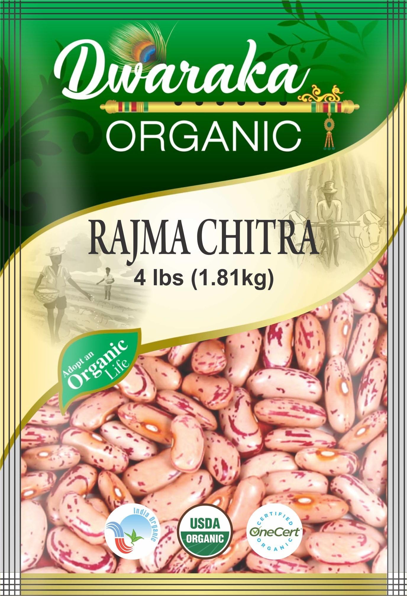 Dwaraka Organic Chitra Rajma Kidney Bean - USDA Organic (4 lbs / 1.81 kg), packaging may vary