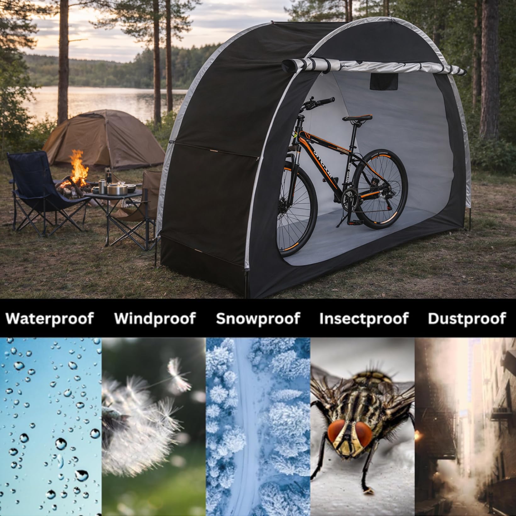 Fahrradlagerzelt für Fahrräder, Fahrradzelt 200 * 88 * 165CM, Außendurchführbares 210D Oxford Wasserdichtes Fahrradcover mit Lüftungsfenster, für Fahrräder, Rasenmäher, Gartengeräte(Schwarze