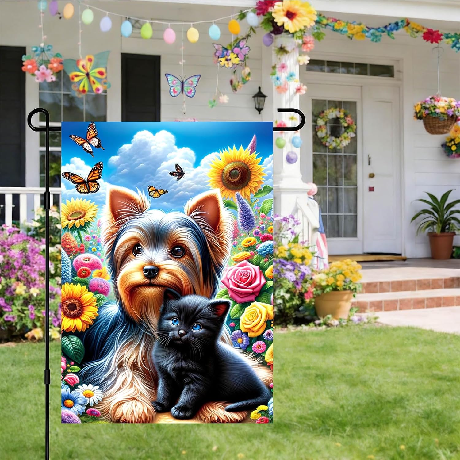 IVN Yorkshire Terrier Dog Spring Garden Flag 12x18 Inch Yorkie With Black Kitten Cat Sunflowers Roses Butterfly Floral Flower Garden Double Sided Vertical Small Yard Flag Seasonal Outdoor Decoration for Outside Home Front Door Lawn Porch Patio Welcome Spring Summer Decor - Image 6