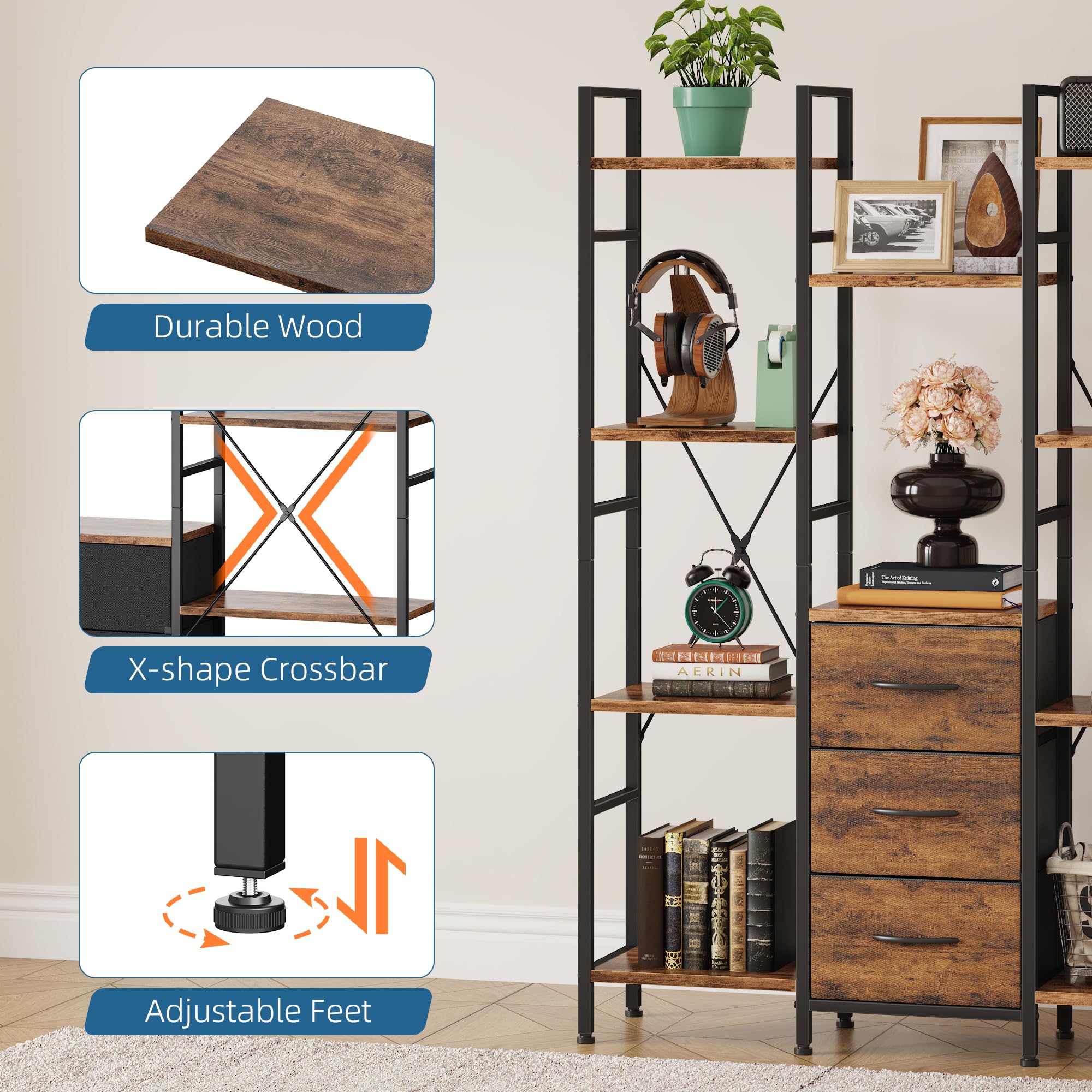 Bibliothèque Haute 100 L x 142 H cm avec 3 Tiroirs en Tissu, Étagère à 4 Niveaux, Grande Étagères de Rangement pour Salon, Bureau, Chambre à Coucher, Cuisine, étagères Ouvertes Bois Rustique