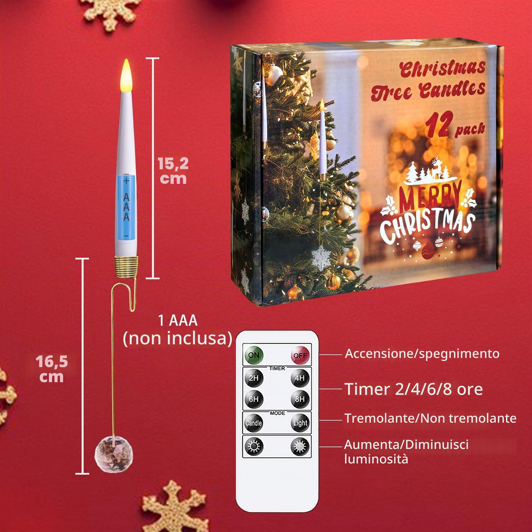 Yeelida Confezione da 12 Candele LED Corte 1,2cm x15,5cm sfarfallanti a distanza con 12 ganci a sfera di cristallo, Temporizzatore a batteria in plastica bianca senza fiamma per decorazioni festive