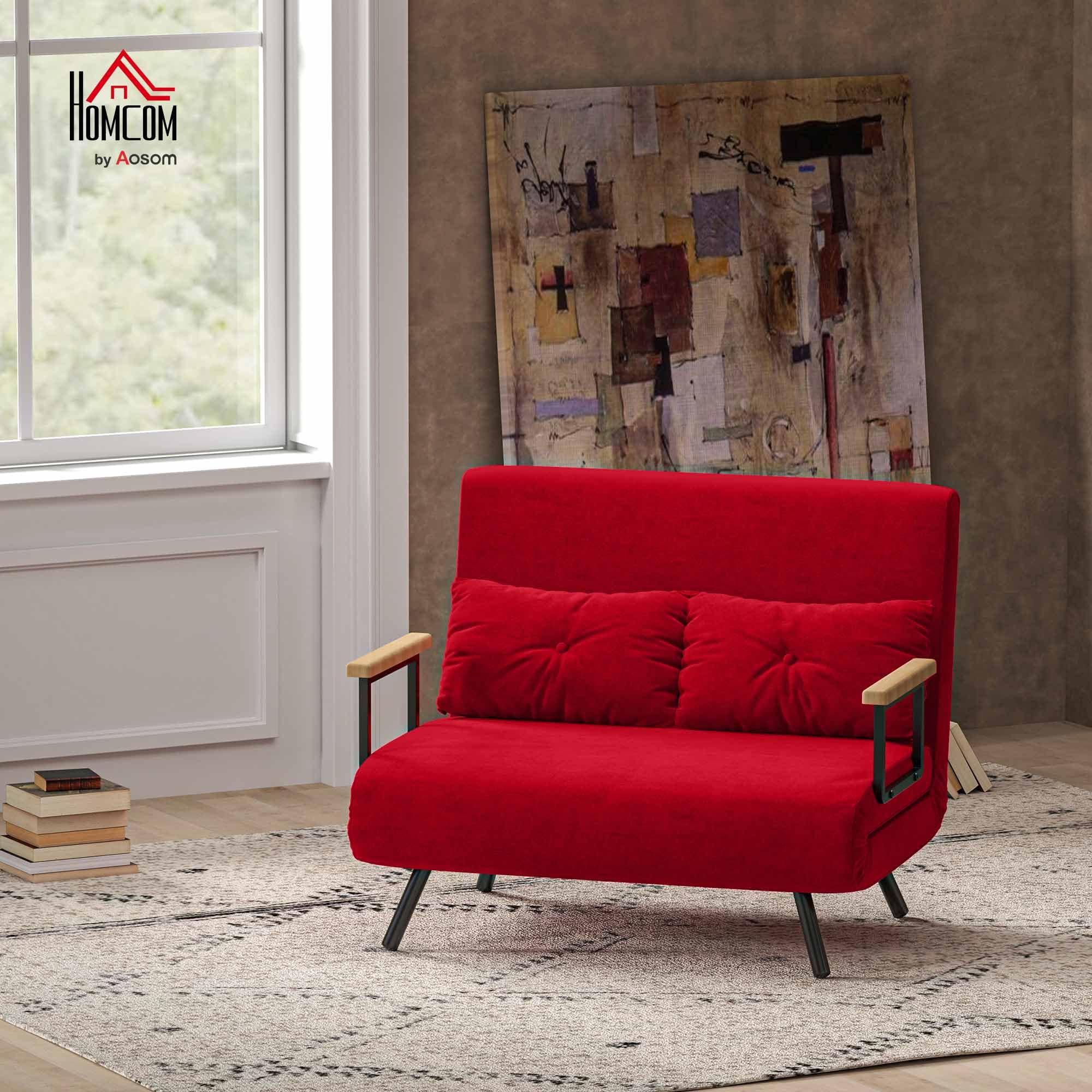 HOMCOM 4 in 1 Divano Letto 2 Posti, con Schienale Regolabile in 5 Posizioni, Divano Letto Matrimoniale Pieghevole con 2 Cuscini, Seduta Imbottita, in Velluto per Casa e Ufficio, 102x73x81 cm, Rosso
