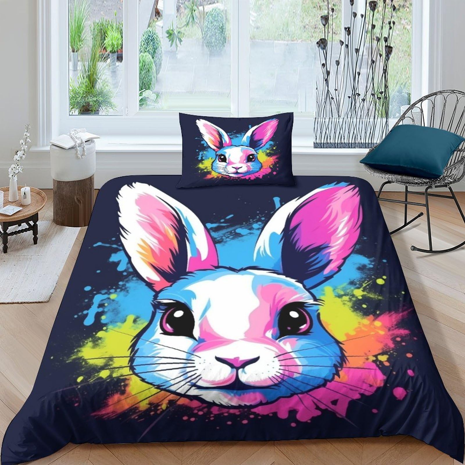 Housse de couette 135x200 lapin 3D parure de lit enfant garçon et fille