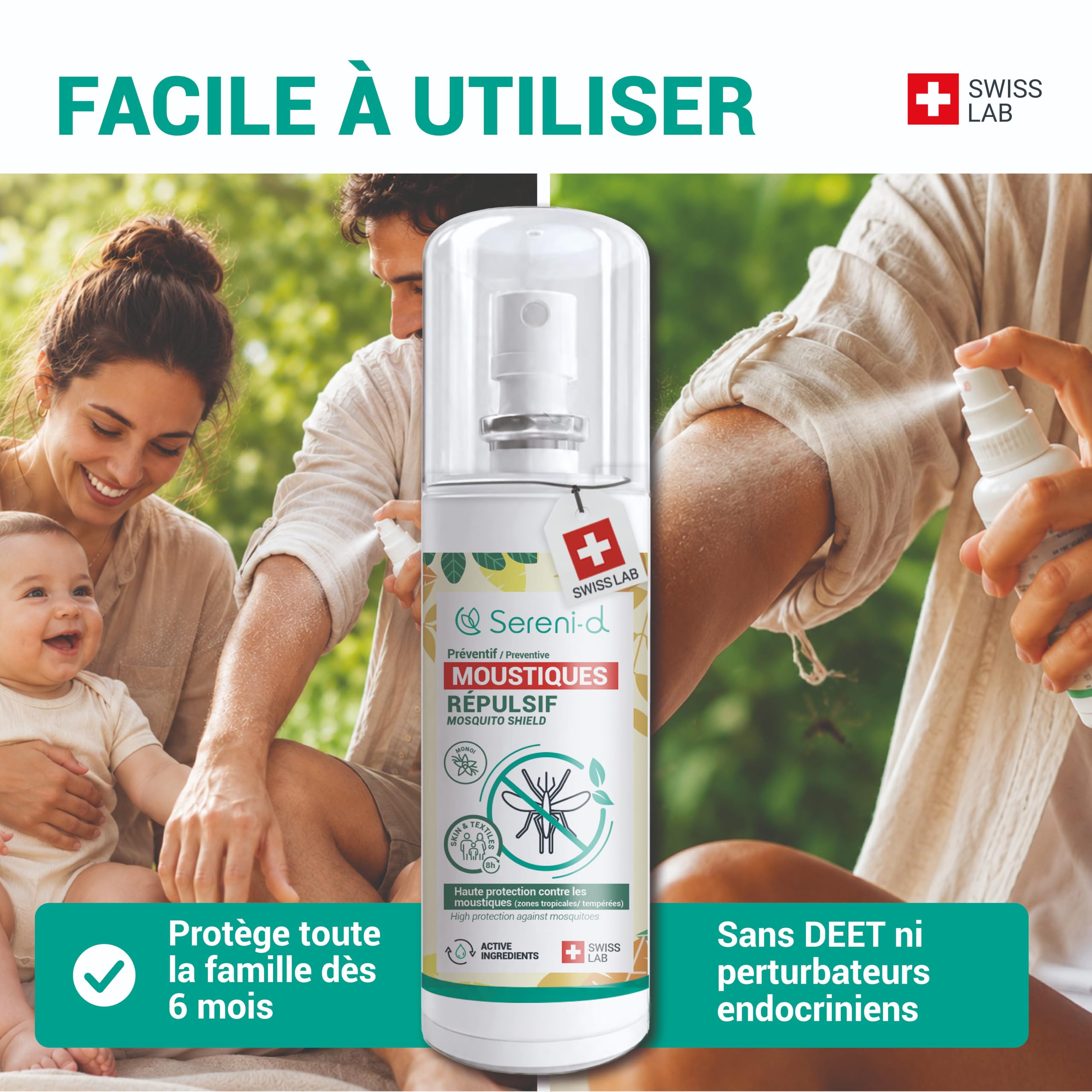 ANTI-MOUSTIQUES MONOÏ Spray Répulsif Corps & Vêtements 100mL – Eucalyptus Citronné – Jusqu'à 8h – Moustique Tigre – Dès 6 Mois – SANS DEET – Swiss Lab – Sereni-d®