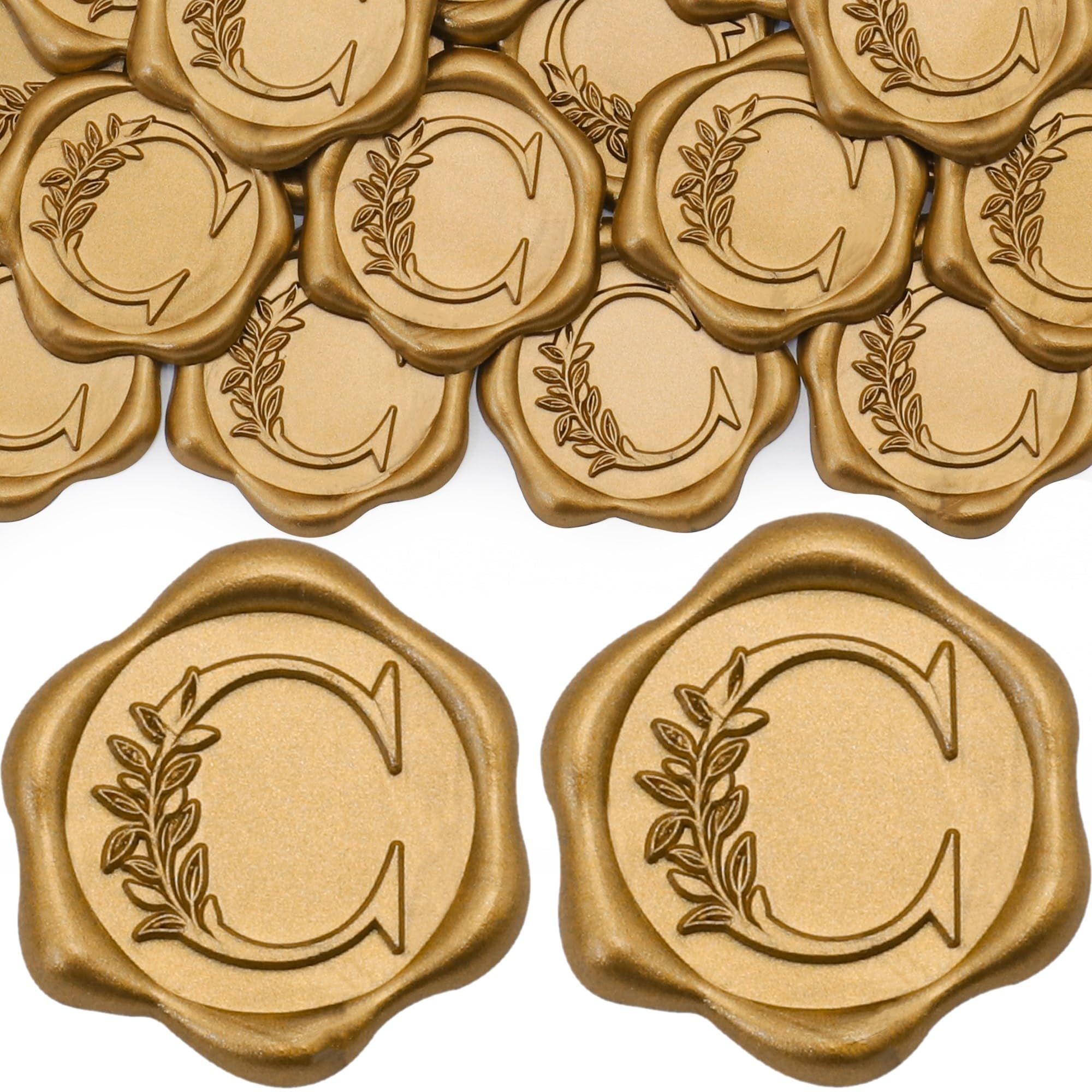 SWANGSA 100 Pack Letter C Wax Seal Stickers, Antique Gold Botanical Leaves Initial Alphabet Self-Adhesive, Wedding Party Invitation Envelope