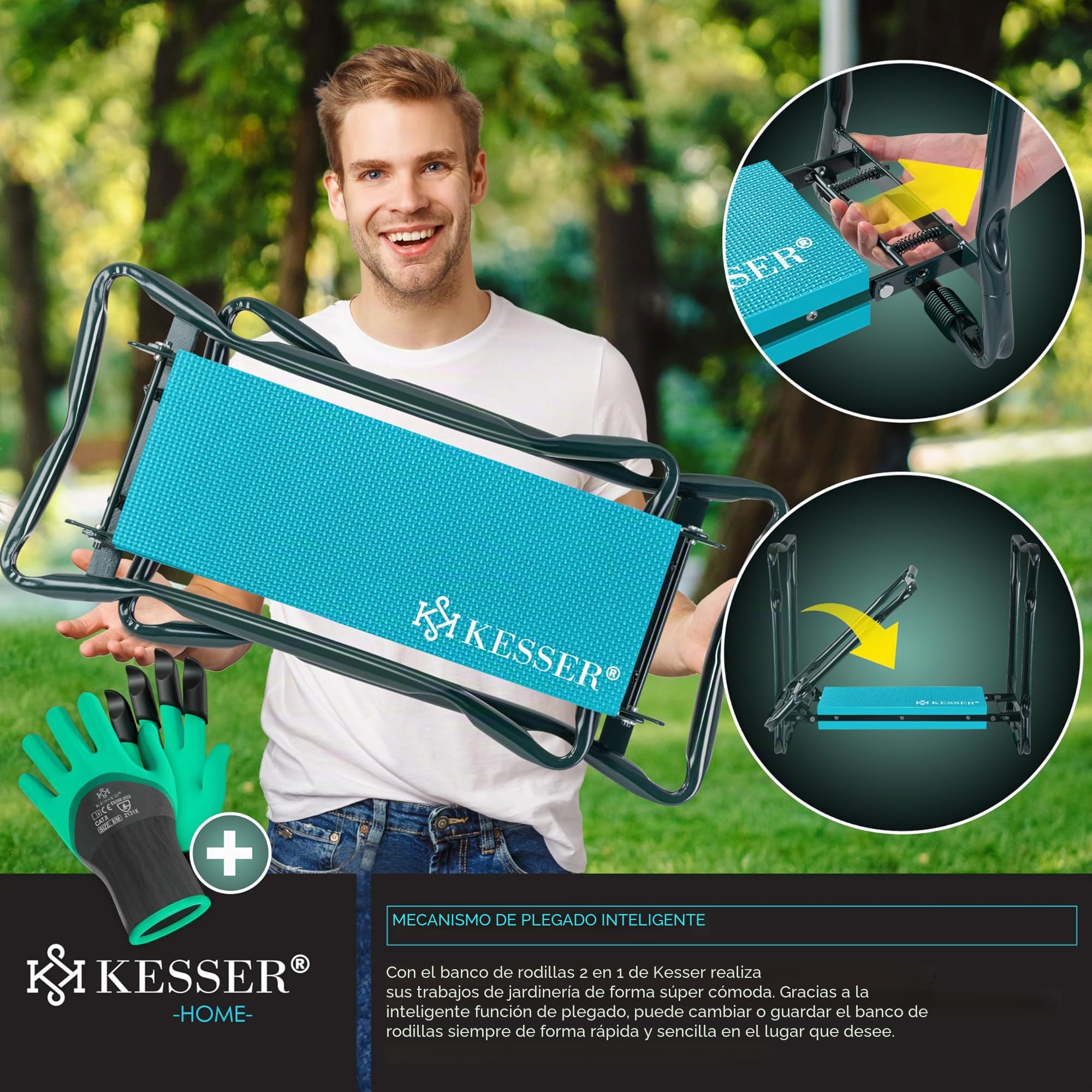 KESSER® 2 en 1 XXL - Banco para Rodillas para Trabajos de jardín, Acolchado de Espuma EVA, Plegable, Incluye 2 Bolsas de Herramientas, 60 x 50 x 27 cm, hasta 150 kg, Azul/Beige