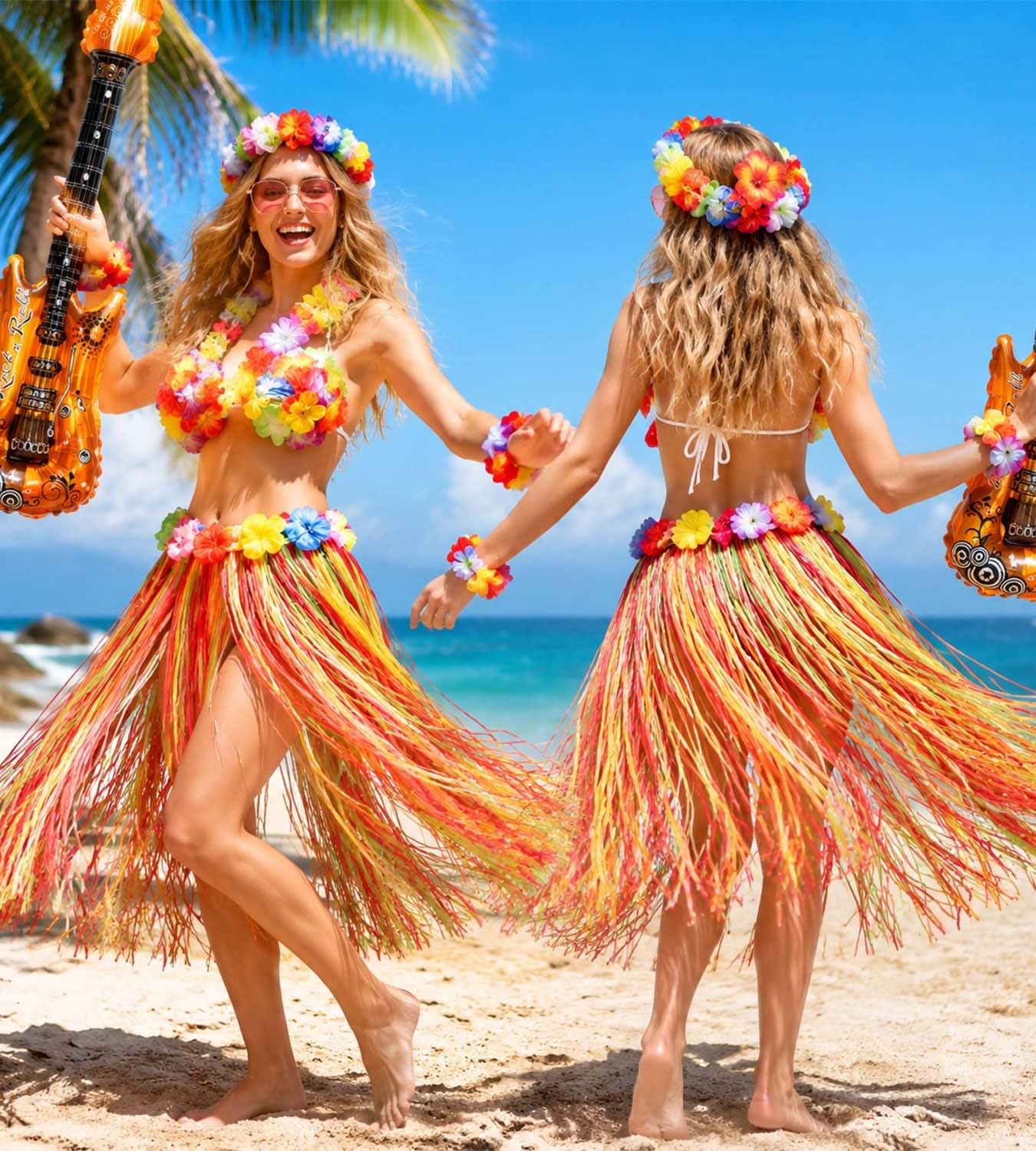 Hawaii Outfit Damen Herren, Hawaii Kostüm Rock mit Blumenketten, Armbänder & Accessoires, Hula Rock für Tropische Strandparty, Sommerfest & Hawaiianischer Dekoration