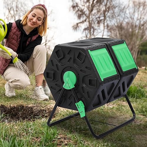 Miniatura 3 de MoNiBloom Contenedores de compostaje de 34 galones para exteriores de doble cámara, compostador para todo el año, compostador de alto volumen con 2