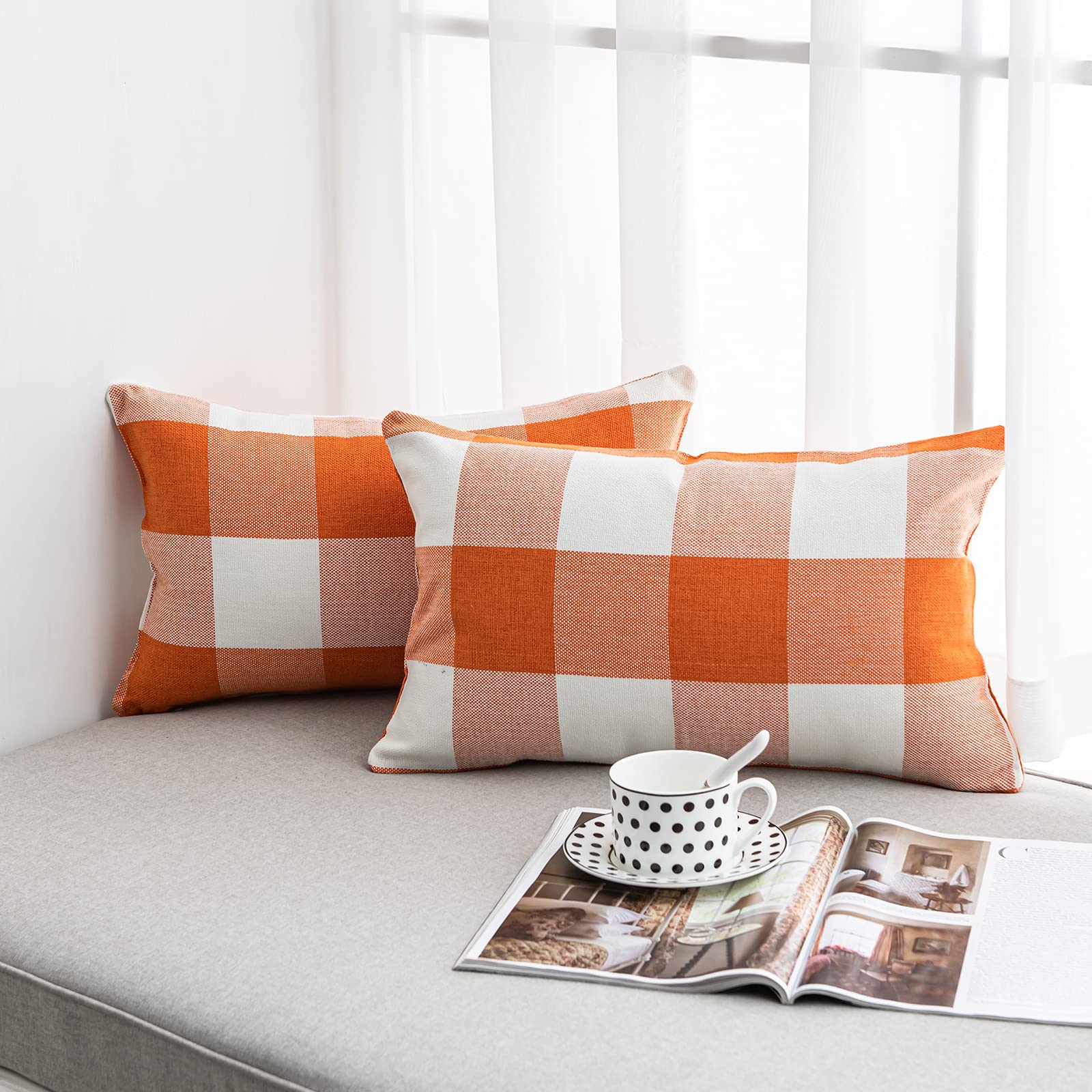 Anickal Lumbar Fall Pillow Covers 12x20 Inch for Fall Decor Set of 2 Orange Buffalo Check Plaid Throw Pillow Covers Farmhouse Decorative Rectangular Cushion Covers for Sofa Couch Home Decorations
