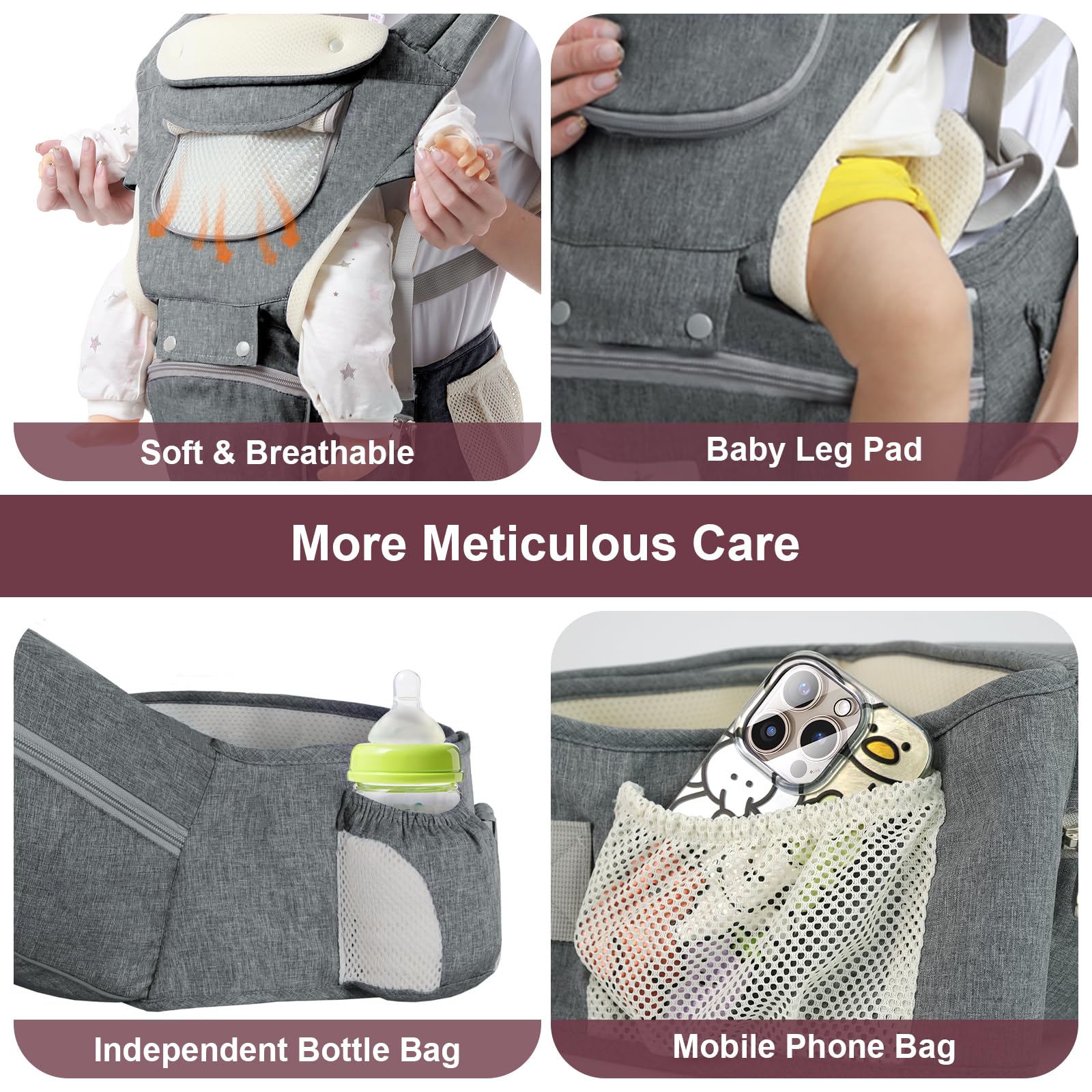 Baby Carrier, 6-in-1 Newborn to Toddler Carrier(7-50lbs), Front & Back Carrier with Detachable Hip Seat, Soft & Adjustable, All Seasons, Ideal for Mom & Dad, Perfect for Shopping & Travel (Grey)
