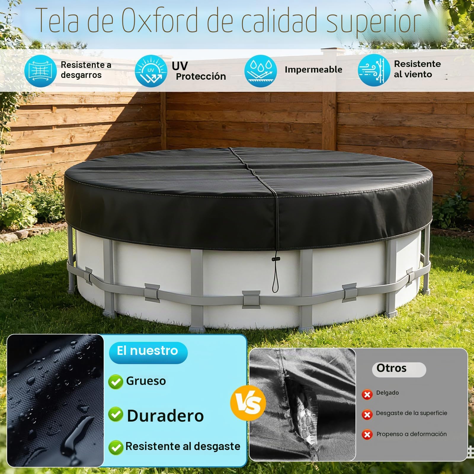 Cubierta para Piscina Redonda Ø365, para Piscinas Ø320-363 cm, Lona para Piscina con Cordón y Estacas, Oxford Lona Piscina con Protección UV, Hermética al Polvo, para Piscinas Elevadas y Trampolines