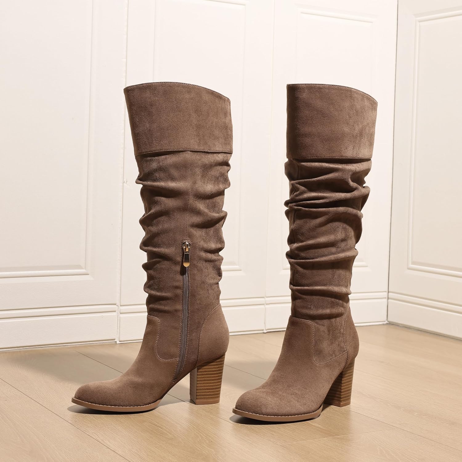 Erocalli Suede Knee-High Boots Fall Boot For Women Chunky Block High Heel Slouch Fashion Boot Round Toe Side Zipper - Image 5