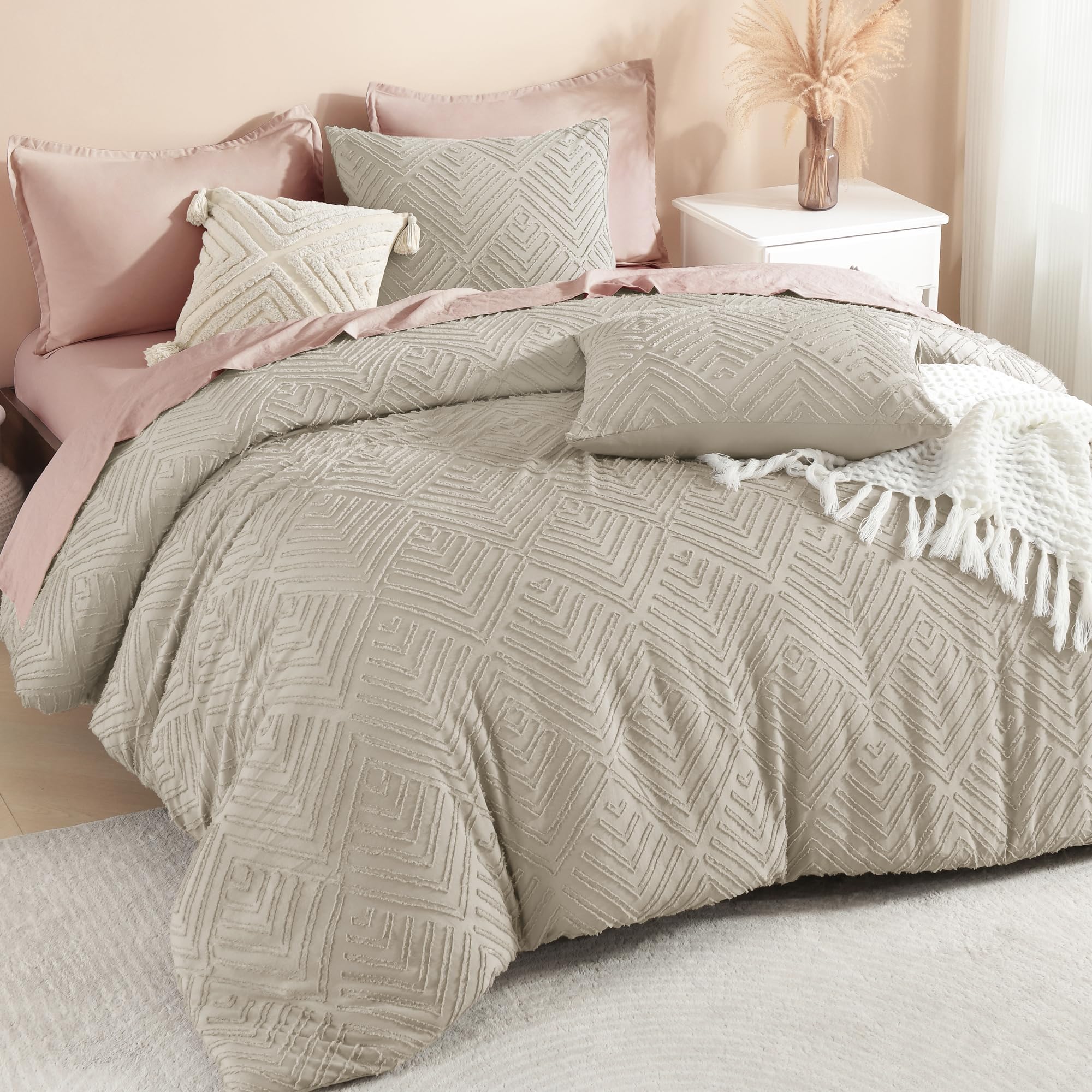 Photo 1 of Litanika Comforter King Size Set Oatmeal, 3 Pieces Boho Tufted Farmhouse Bedding Comforter Sets, Lightweight Fluffy Comforter Bed Set for All Season (104x90In Comforter and 2 Pillowcases)