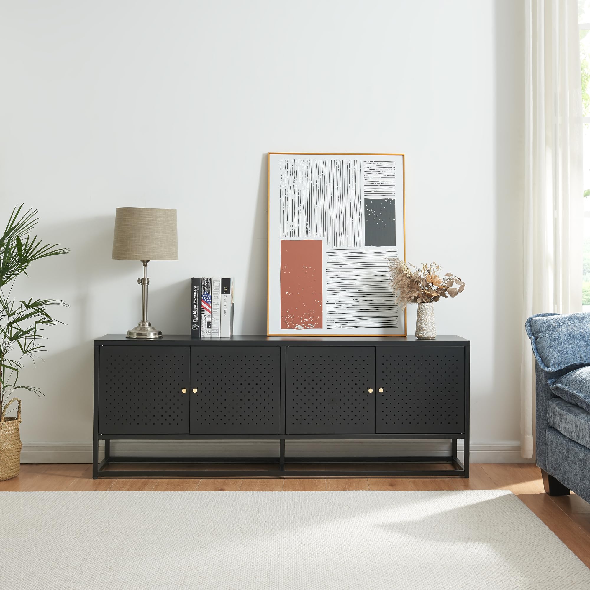 [en.casa] Mobile TV a 4 Ante con 2 Scomparti Chiusi Armadio Basso Porta TV con Foro Passacavi Stand TV Centri Multimediali 153 x 35 x 55 cm in Acciaio - Nero