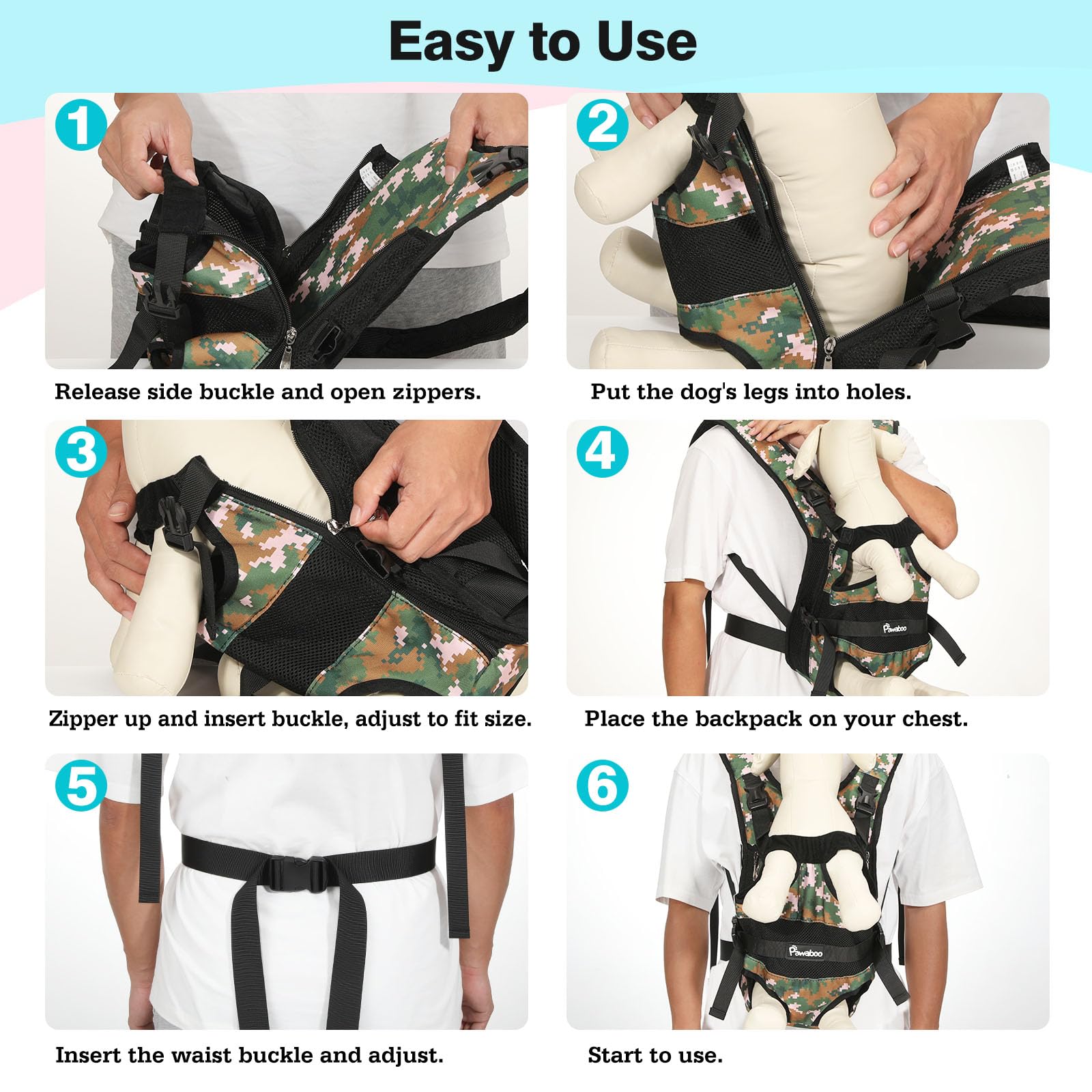 Pawaboo Zaino Frontale per Cani, Trasportino per Cani con Zampe Fuori, Pettorina Regolabile Facile da Indossare per Canis di Taglia Piccola e Media, Mani Libere per Viaggi, Escursioni, M, Camo