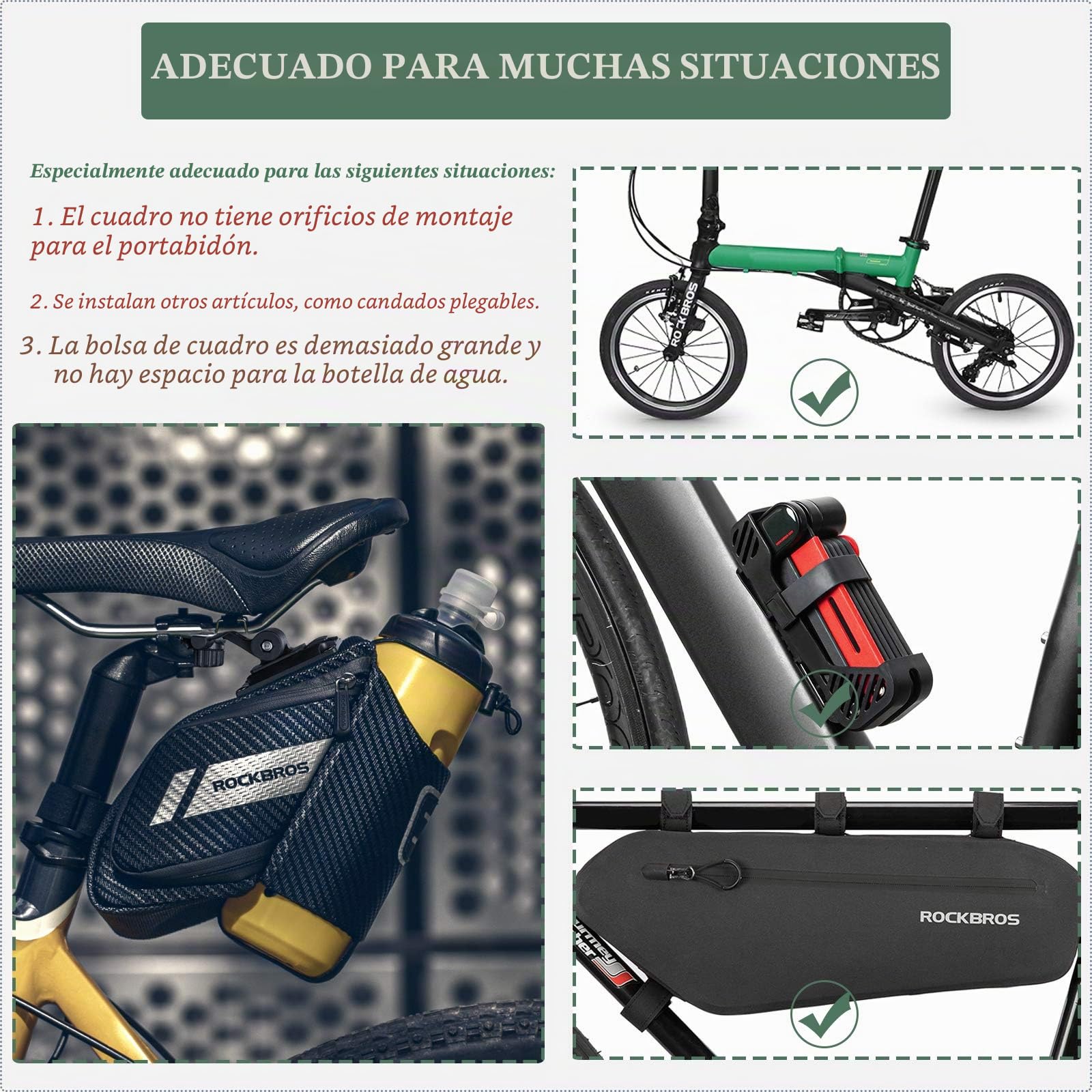 ROCKBROS Bolsa para sillín de bicicleta con bolsillo para botella de agua, bolsa de almacenamiento impermeable, bolsa de asiento de bicicleta, bolsa de ciclismo de liberación rápida con visibilidad