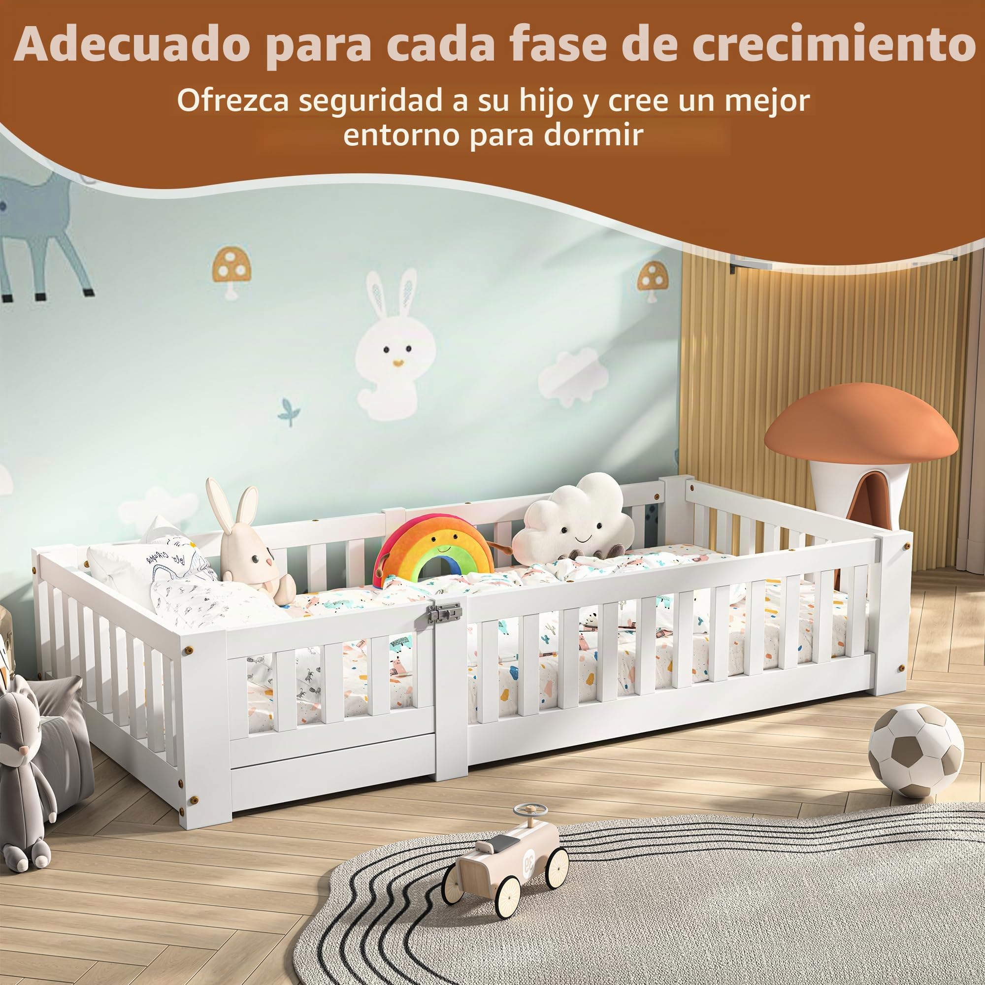 BRILVERDE Cama Infantil Montessori 120x200 cm con Rejilla y Puerta, Marco de Madera Maciza con Somier, Juvenil Individual para Niñas y Niños (Blanco, 120 x 200 cm)