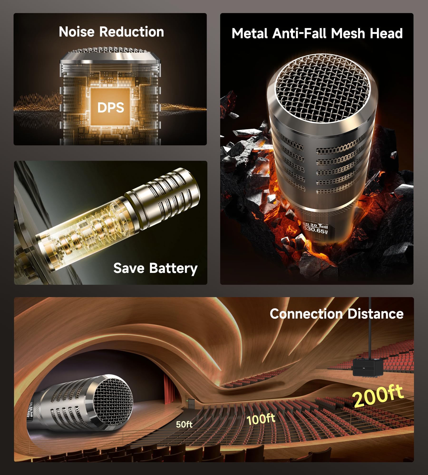 Wireless Microphones, Microphone Wireless with One-to-One Chip Connection and Rechargeable Receiver, 40H Duration, 200FT - Image 4
