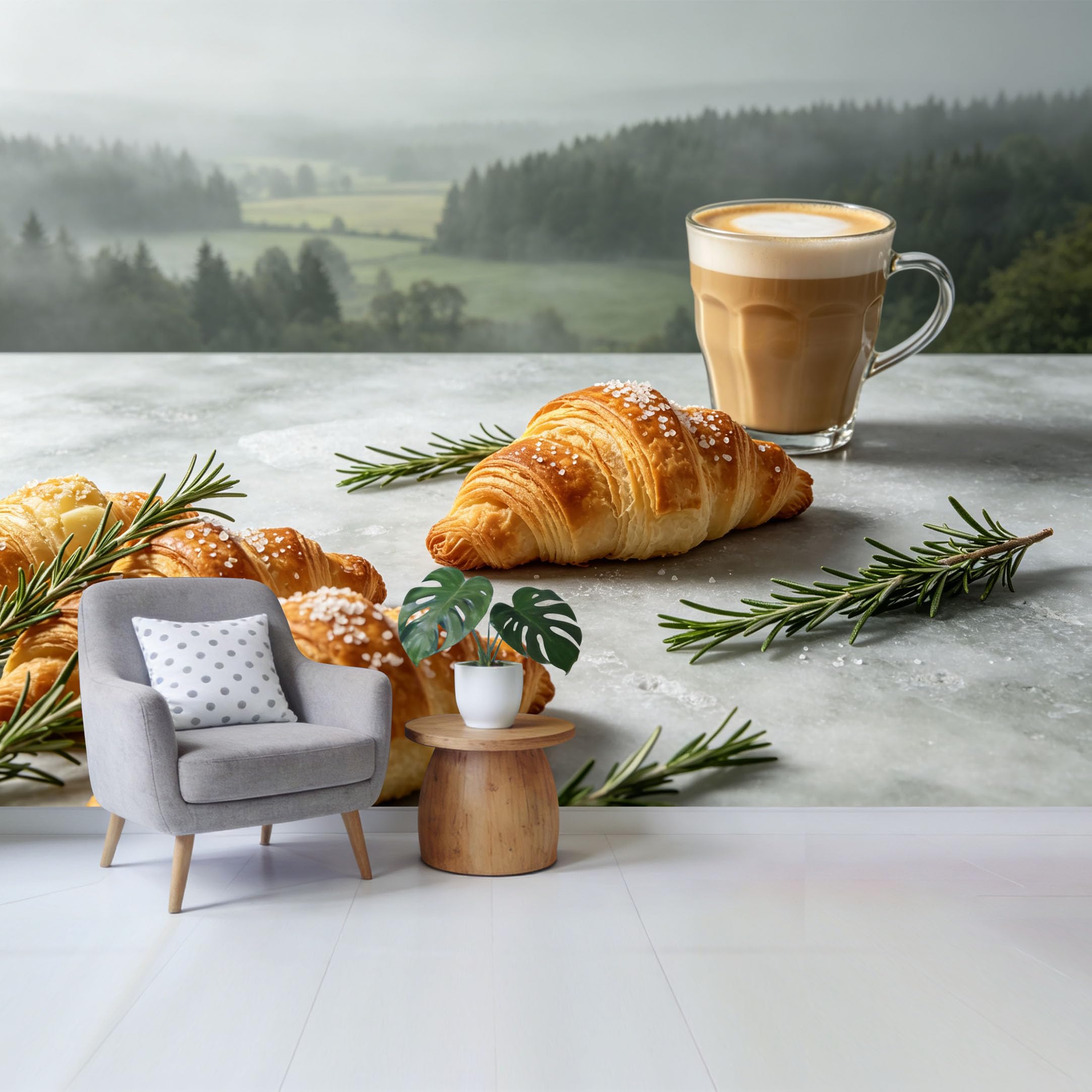 Qzlithotic Yq2605250811 Custom Size Wall Mural Morning Croissants Coffee Landscape Misty Forest View Selfadhesive Wall Fabric Removable Wallpaper For Home Office Decor