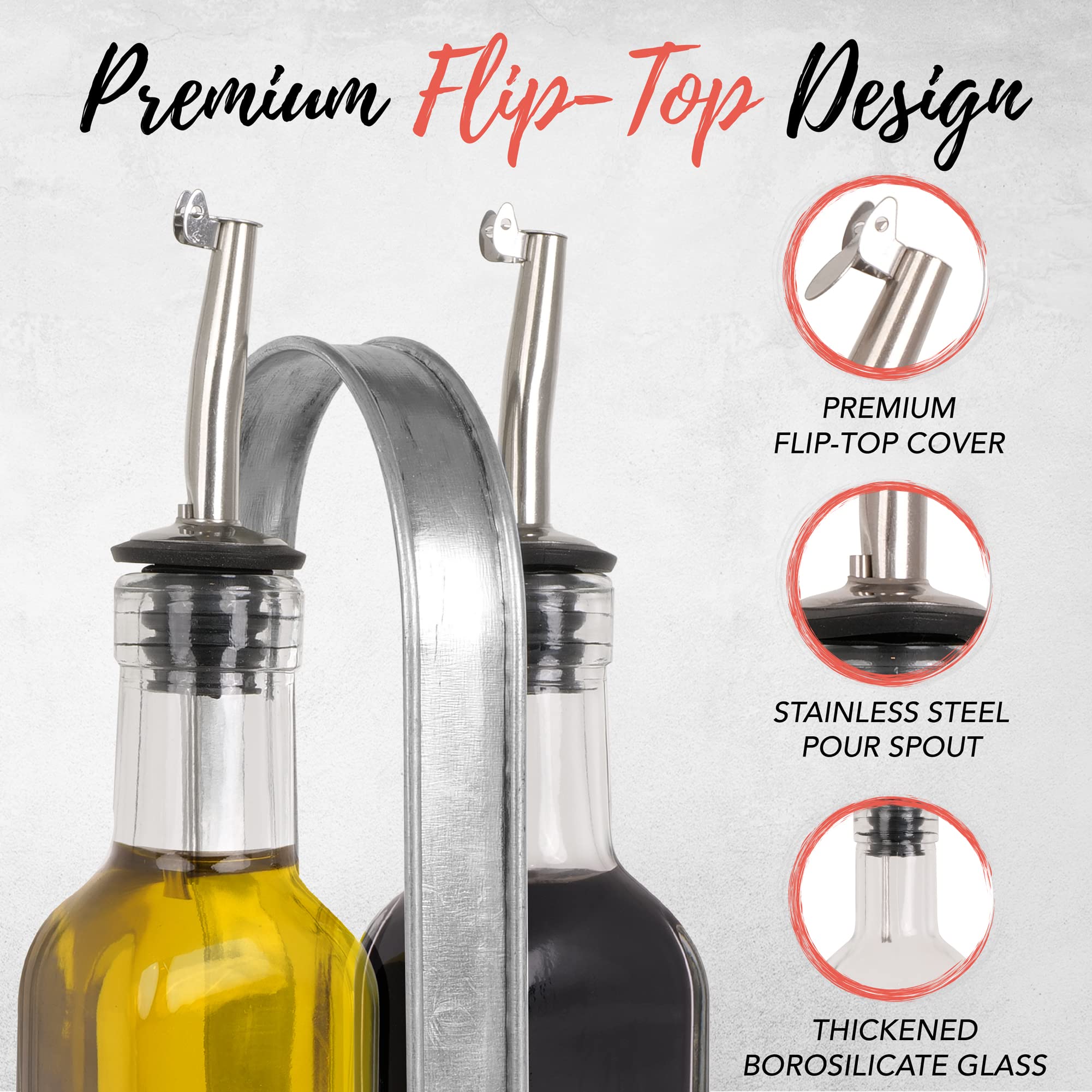 Autumn Alley Rustic Farmhouse - Juego de dispensador de aceite y vinagre – Juego de soporte para aceite y vinagre, juego de madera desgastada, metal galvanizado, adorable decoración rústica de cocina,