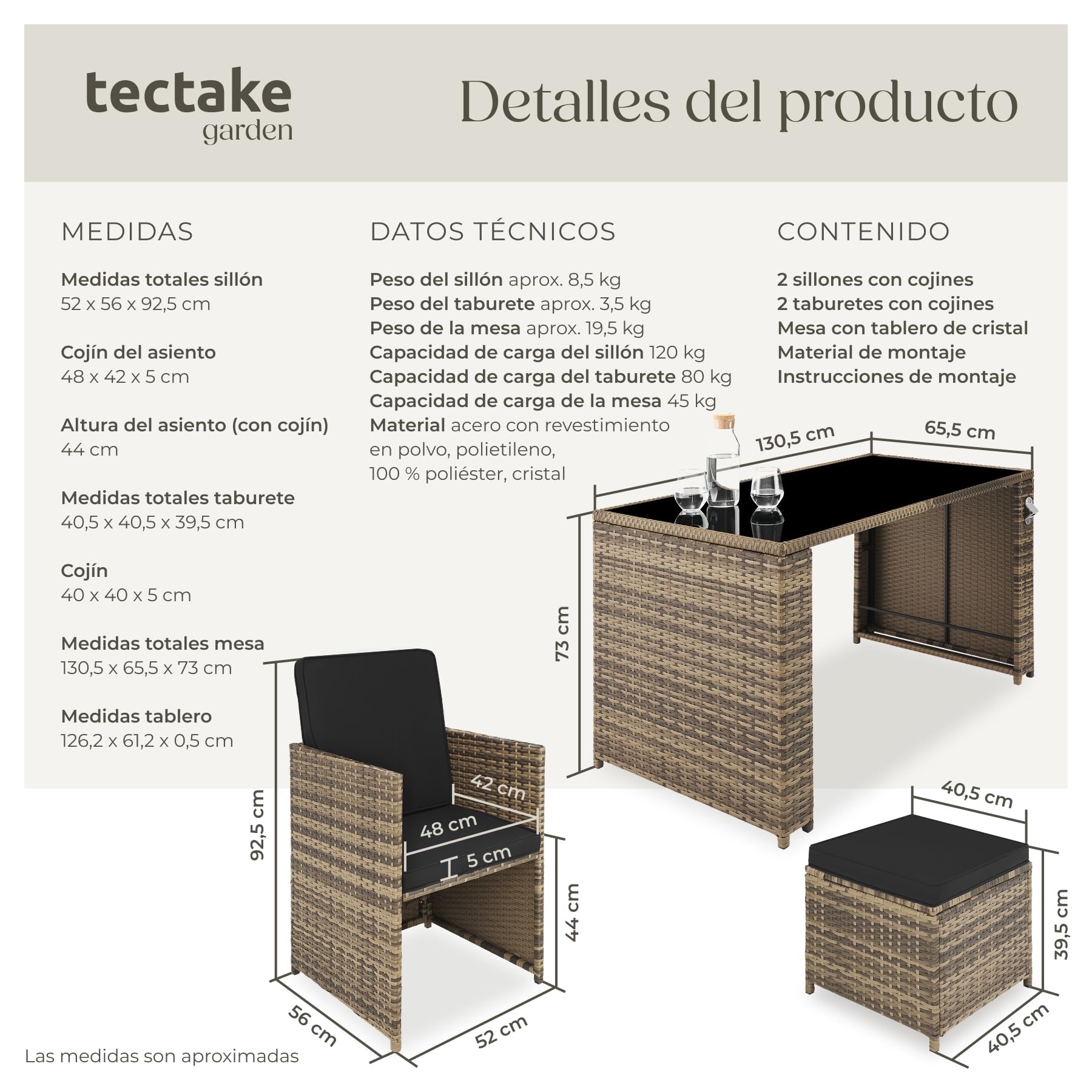 tectake® Conjunto Jardín Exterior de Ratán y Acero, Muebles Jardín Exterior Resistente a la Intemperie, 2 Sillones Plegables, 2 Taburetes, 1 Mesa con Cristal, con Cojines y Abrebotellas - marrón