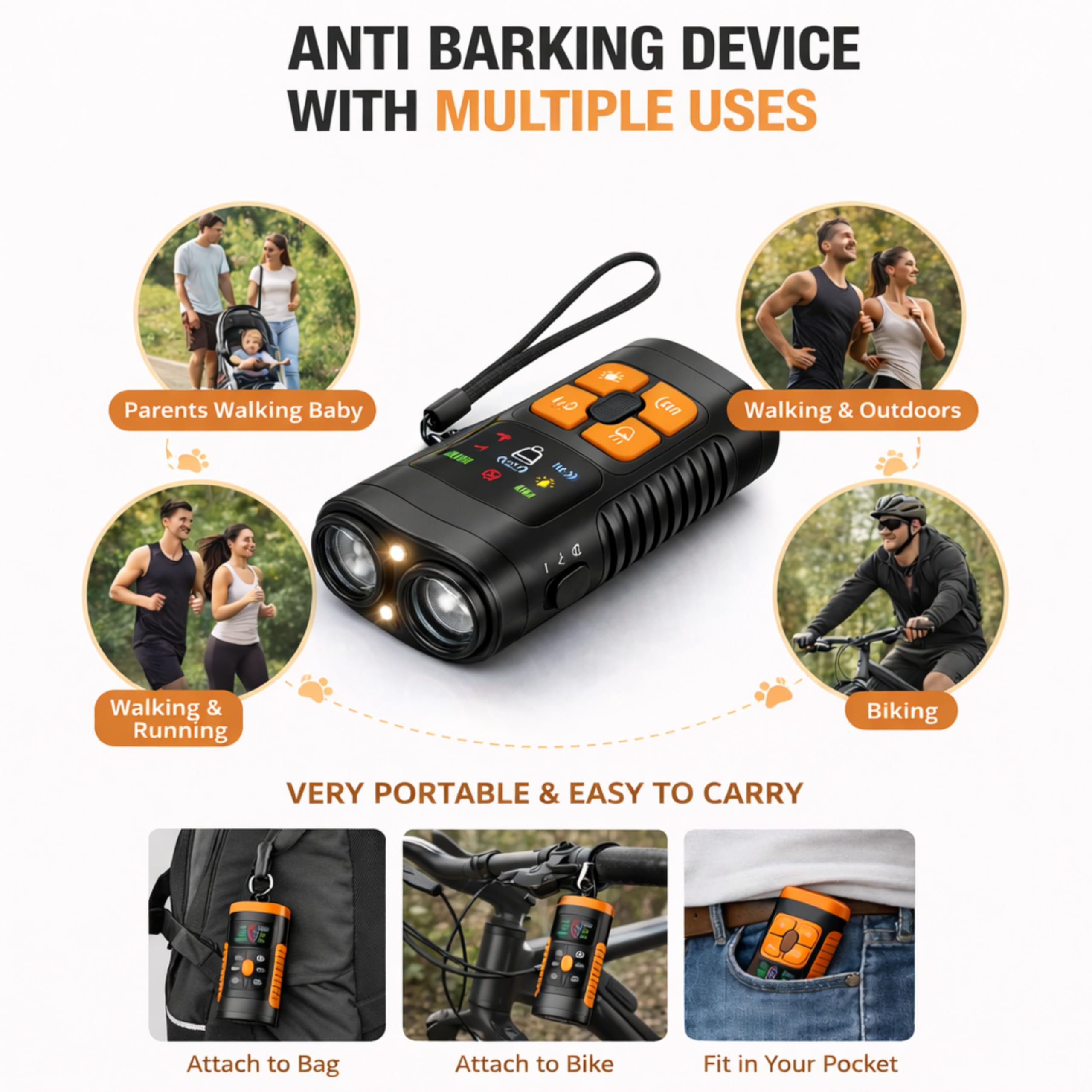 Ultraschall-Anti-Bell-Gerät für Hunde mit 2 Strahlern, 15–30 kHz Frequenz, 4 Modi (Sound/Ultraschall/Taschenlampe), wiederaufladbares 1200 mAh Hand-Bell-Abschreckgerät mit LED und 7 m