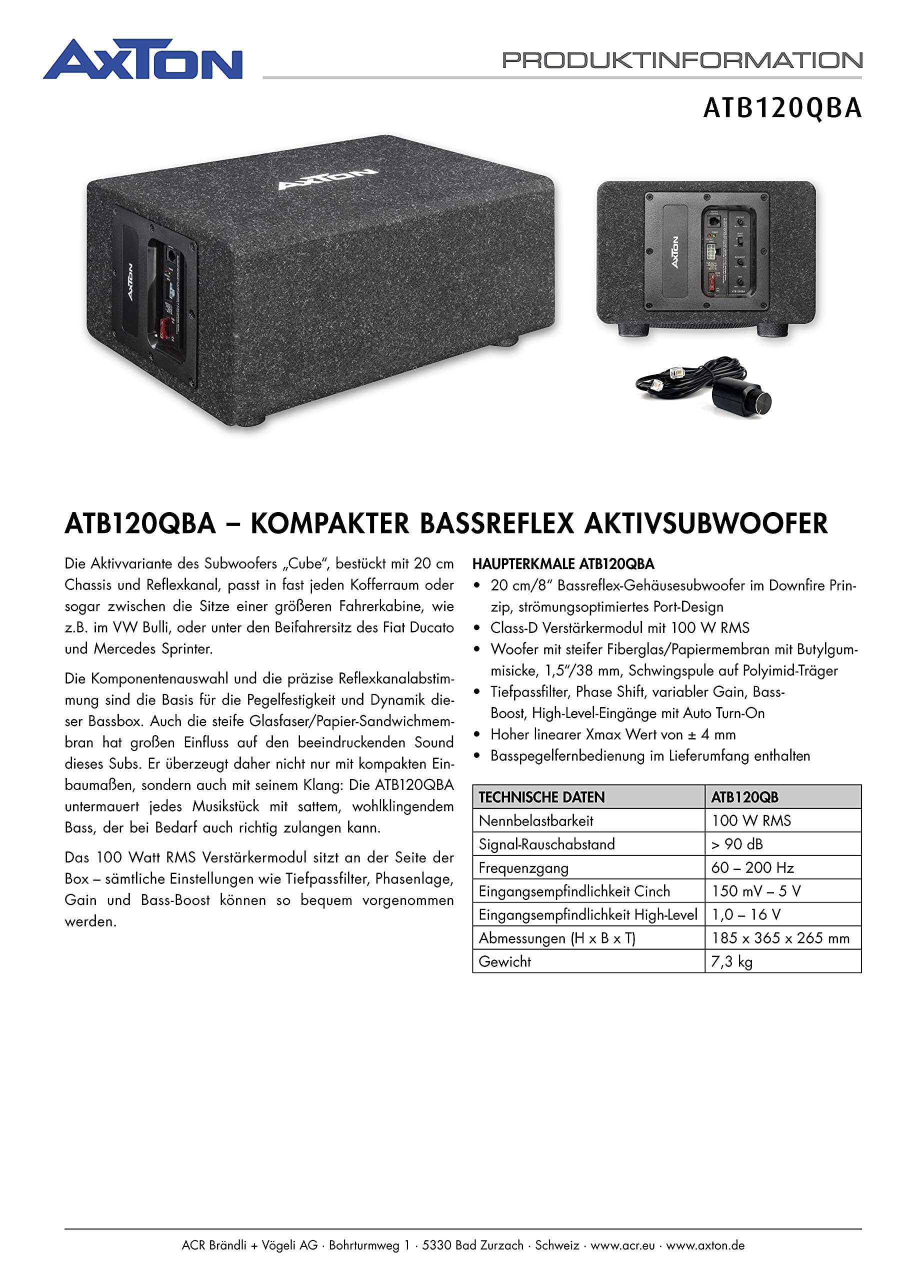 AXTON ATB120QBA – 20 cm Aktivsubwoofer, aktive Bassbox, 100 W RMS
