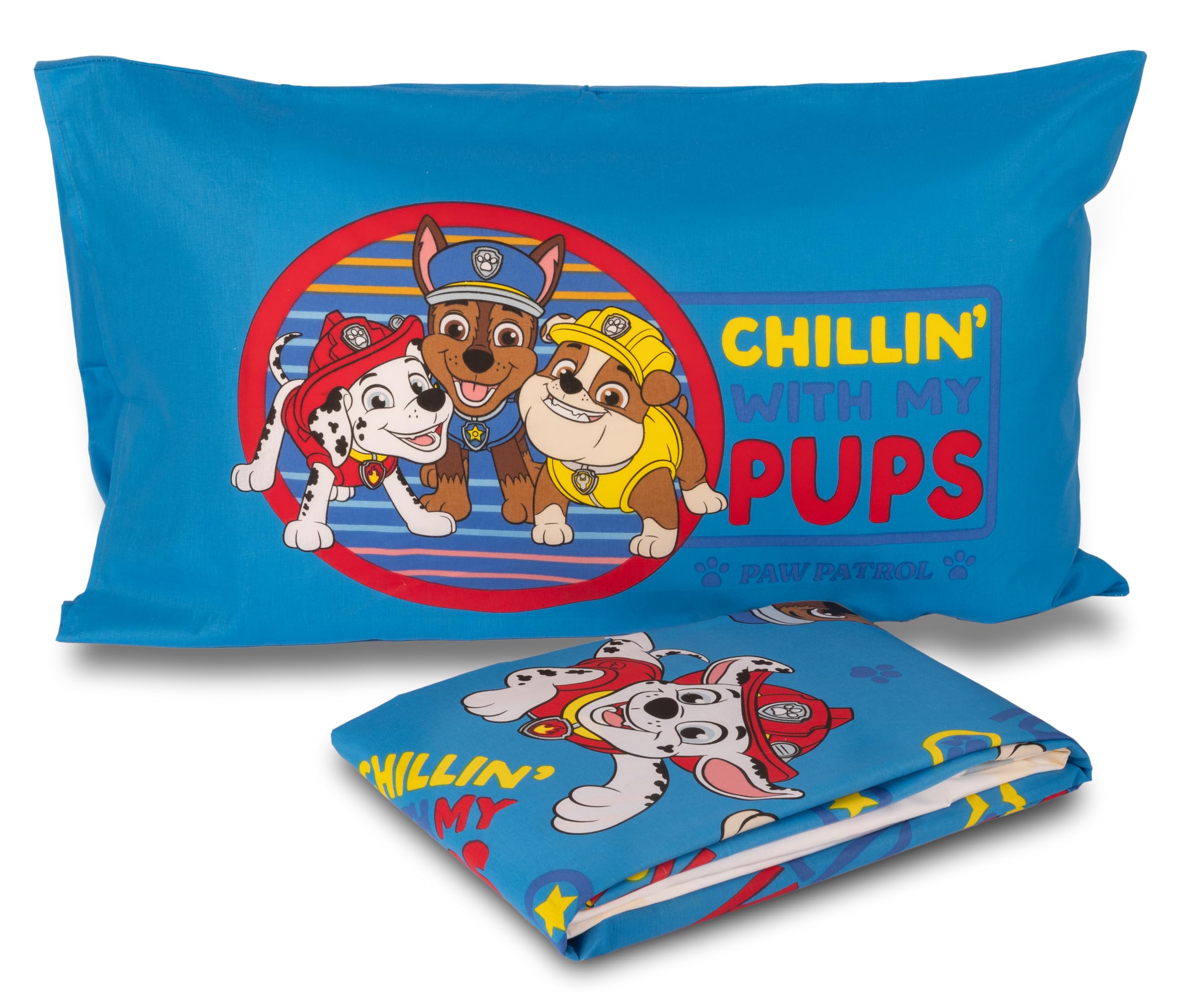 Paw Patrol Juego de sábanas para Cama Individual, sábana encimera, sábana Bajera Ajustable, Funda de Almohada, Color Azul, 100% algodón, Producto Oficial
