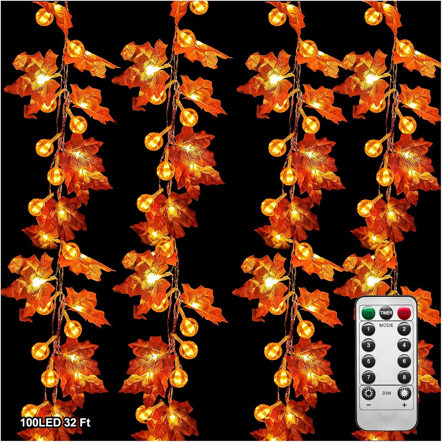 32Ft Fall Decor Lighted Maple Leaf Garlands Thanksgiving Halloween Fall Decorations,100 LED USB Operated Waterproof Fall Garland Leafed String Lights for Home Indoor Outdoor Autum