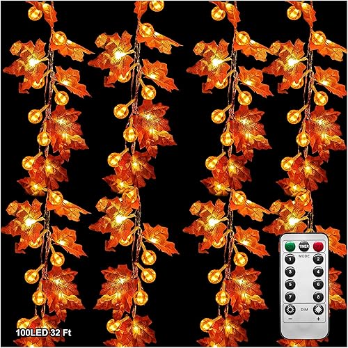 Guirnalda de luces de hojas de arce para decoración de otoño, funciona con USB, total de 32 pies, 100 LED, impermeables, ampliadas, hojas de arce,