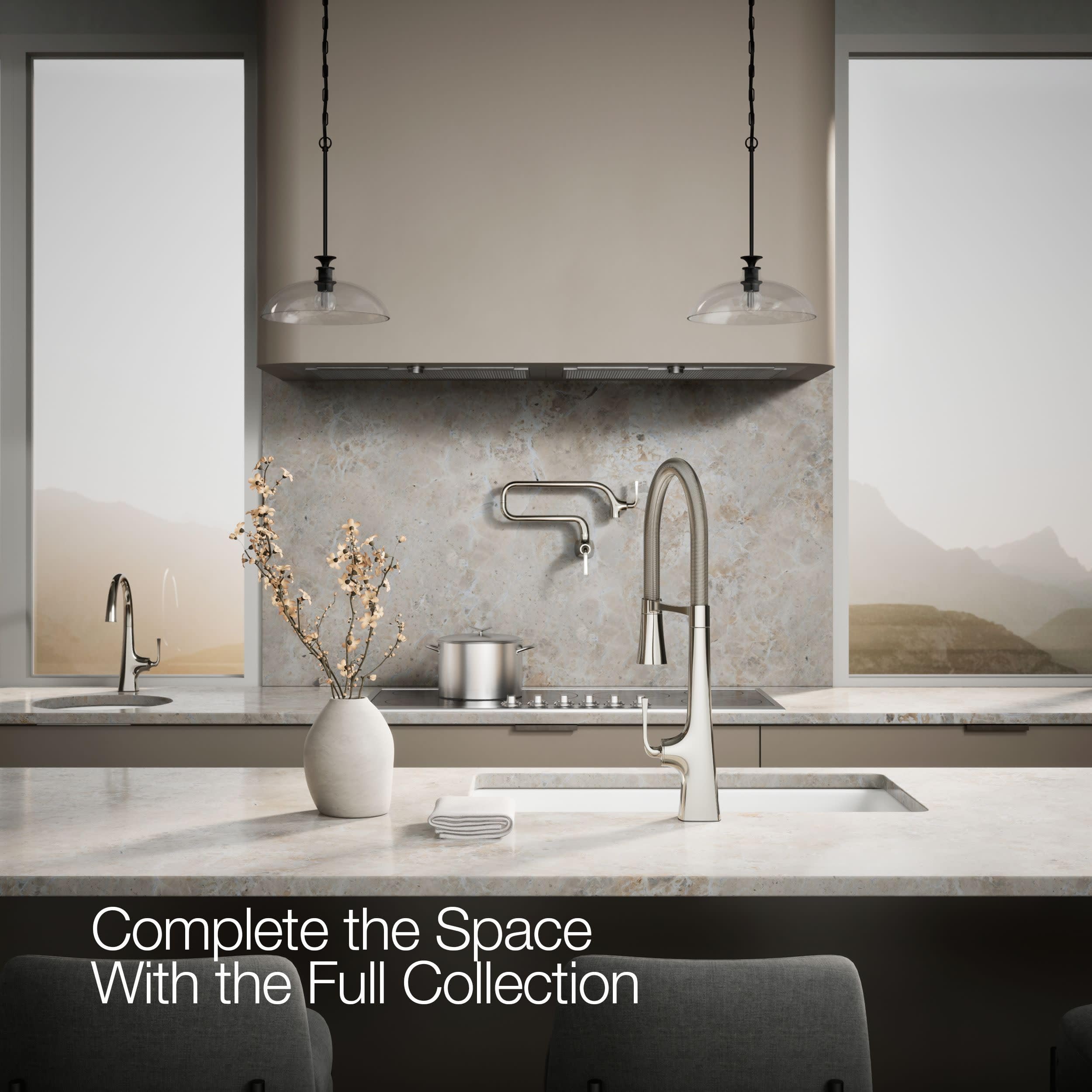 Kohler 22060-SN Graze Commercial, grifo de fregadero de cocina semiprofesional de 3 funciones alto con pulverizador extraíble, níquel pulido vibrante
