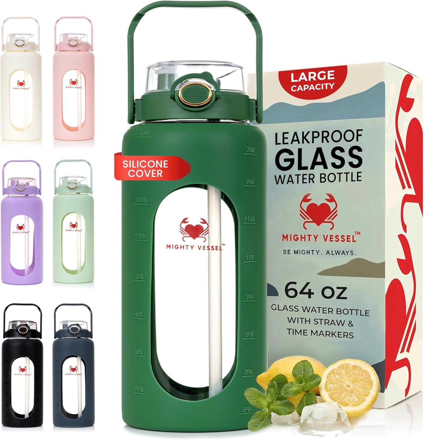 64 oz Glass Water Bottle – Olive Green | Leakproof Borosilicate Glass Jug with Straw, Time Marker & Silicone Sleeve – Hydration for Gym, Sports, Daily Use