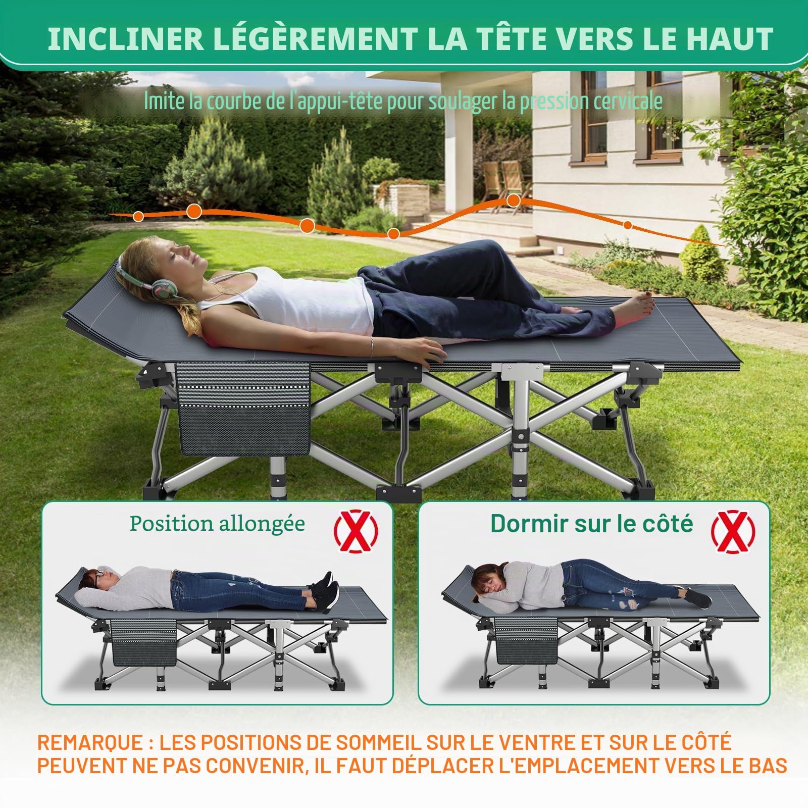 190x71x36CM Lit de Camp Pliant pour Adultes Camping en Plein air avec Coussin et Poche latérale, Cadre en Acier + Tissu Oxford