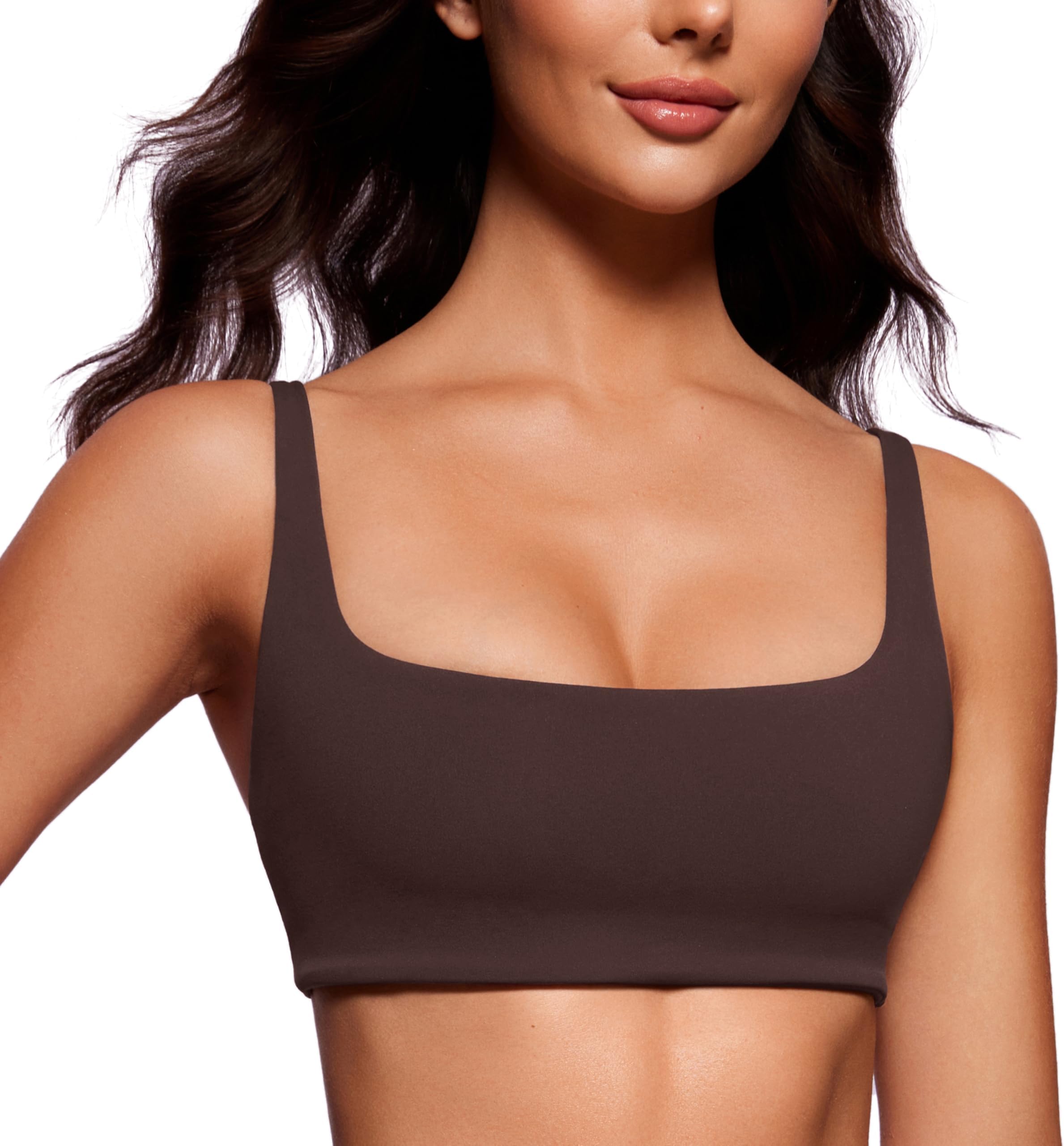 Butterluxe Spaghetti Strap Sports Bras for Women - Square Neck Yoga Wireless Low Coverage Padded Cami Crop Top Hot Fudge Brown S