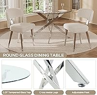 Vista 4 de Small Dining Table Set for 4, 36" Round Kitchen Table with 4 Teddy Boucle Dining Chairs, Tempered Glass Top with Metal Legs(White&Silver)