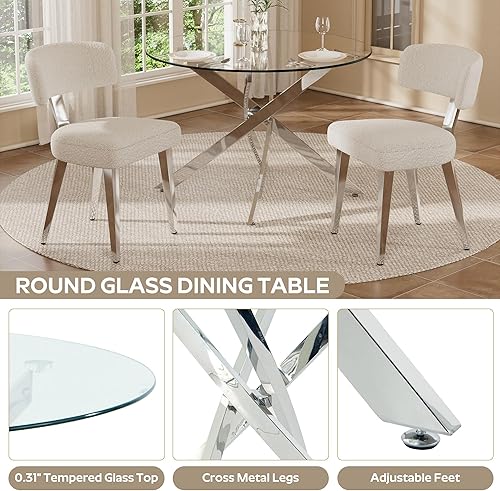 Miniatura 4 de Small Dining Table Set for 4, 36" Round Kitchen Table with 4 Teddy Boucle Dining Chairs, Tempered Glass Top with Metal Legs(White&Silver)