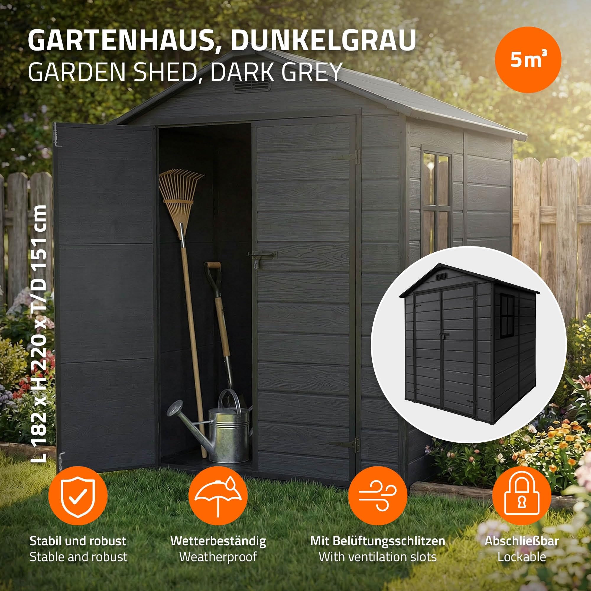 ECD Germany Caseta de Jardín con Suelo, 5m³ 151x182x220 cm, Gris Oscuro, Cobertizo Exterior de Plástico para Almacenamiento de Herramientas, con Tejado en Dos Aguas, Puerta y Ventana de Ventilación - 2