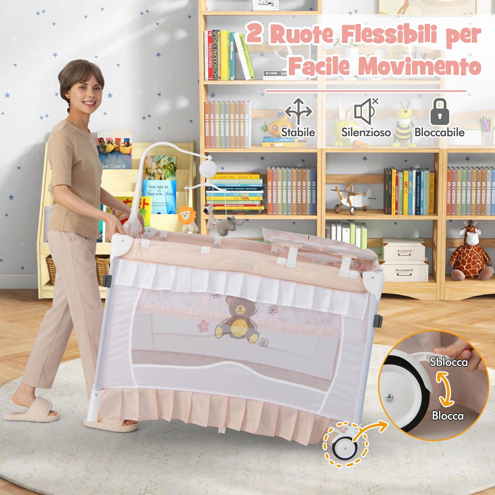 COSTWAY Lettino da Campeggio per Bambini, Culla Pieghevole con Fasciatoio Zanzariera, Box Neonati con Giocattoli, Ruote, per Bambini 0-36 Mesi (Rosa)