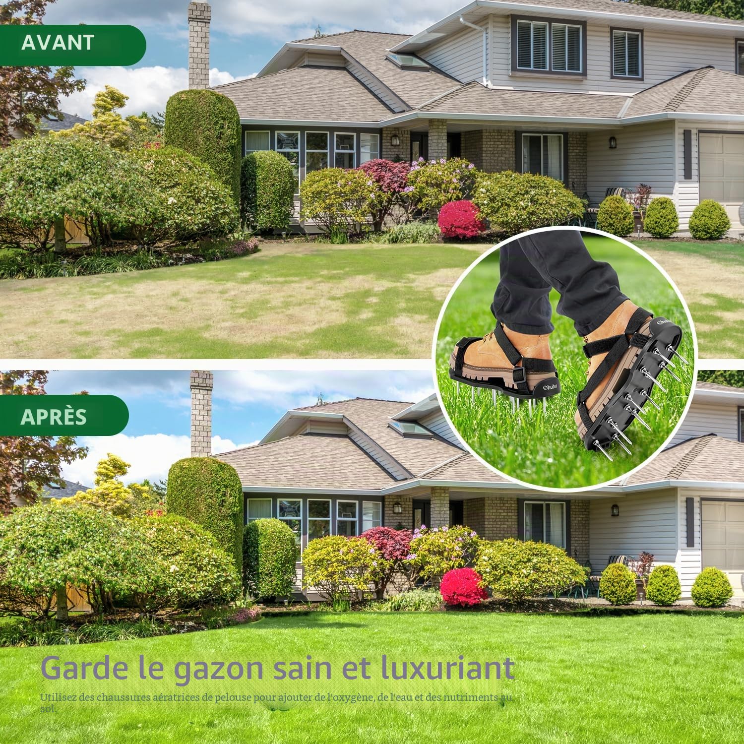 Ohuhu Sandales Aérateur Pelouse Installation Gratuite, Aérateur de pelouse avec Pelle en Acier Inoxydable, Chaussure à Gazon Chaussures à Ongles Scarificateur Gazon Chaussures pour Gazon, Noir