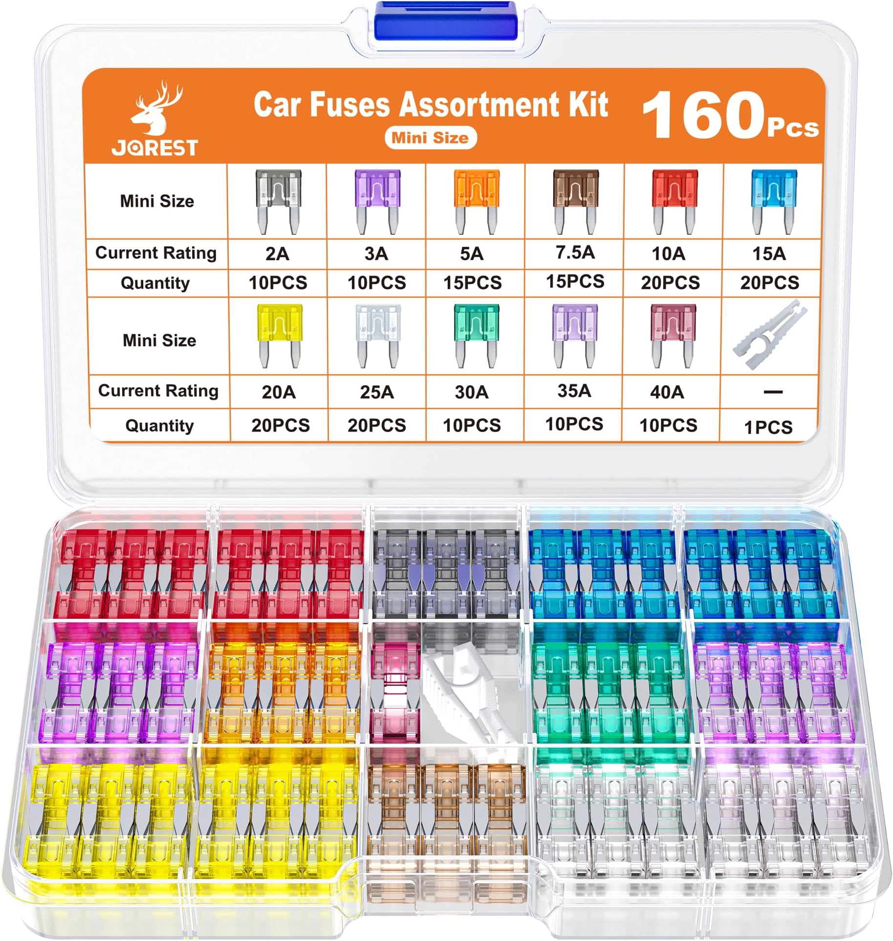JOREST 160Pcs Car Fuse Kit - Replacement Fuses Assortment Kit for Car/RV/Truck/Motorcycle(2Amp 3A 5A 7.5A 10A 15A 20A 25A 30A 35A 40A) - Mini Blade Fuses Automotive + Auto Fuse Puller